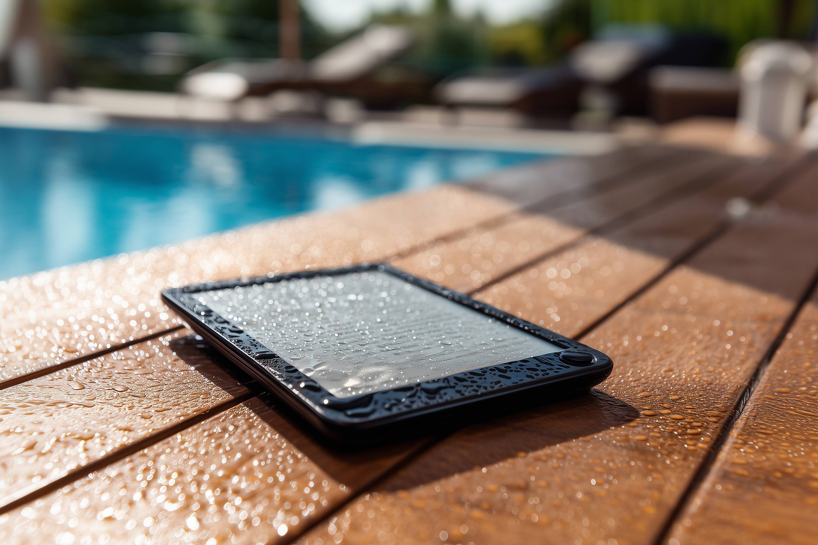 E-Book-Reader mit Wassertropfen liegt auf nassem Holzboden am Pool.