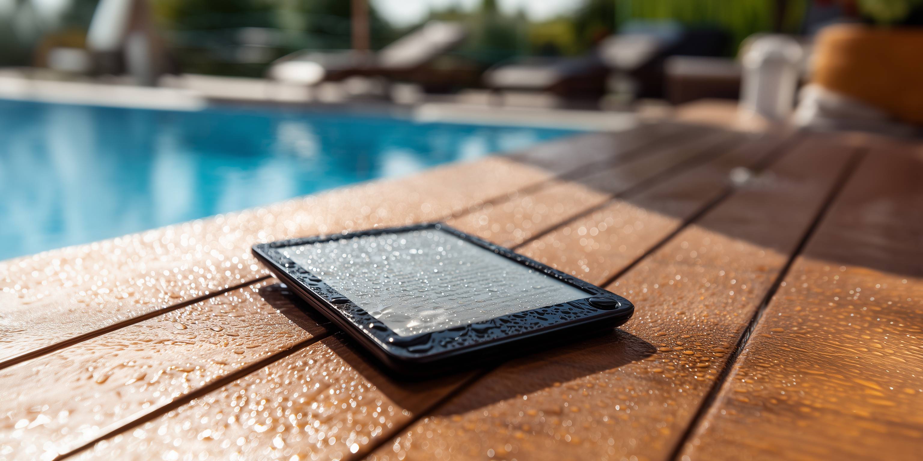 Ein E-Book-Reader mit Wassertropfen liegt auf nassem Holz neben einem Pool.