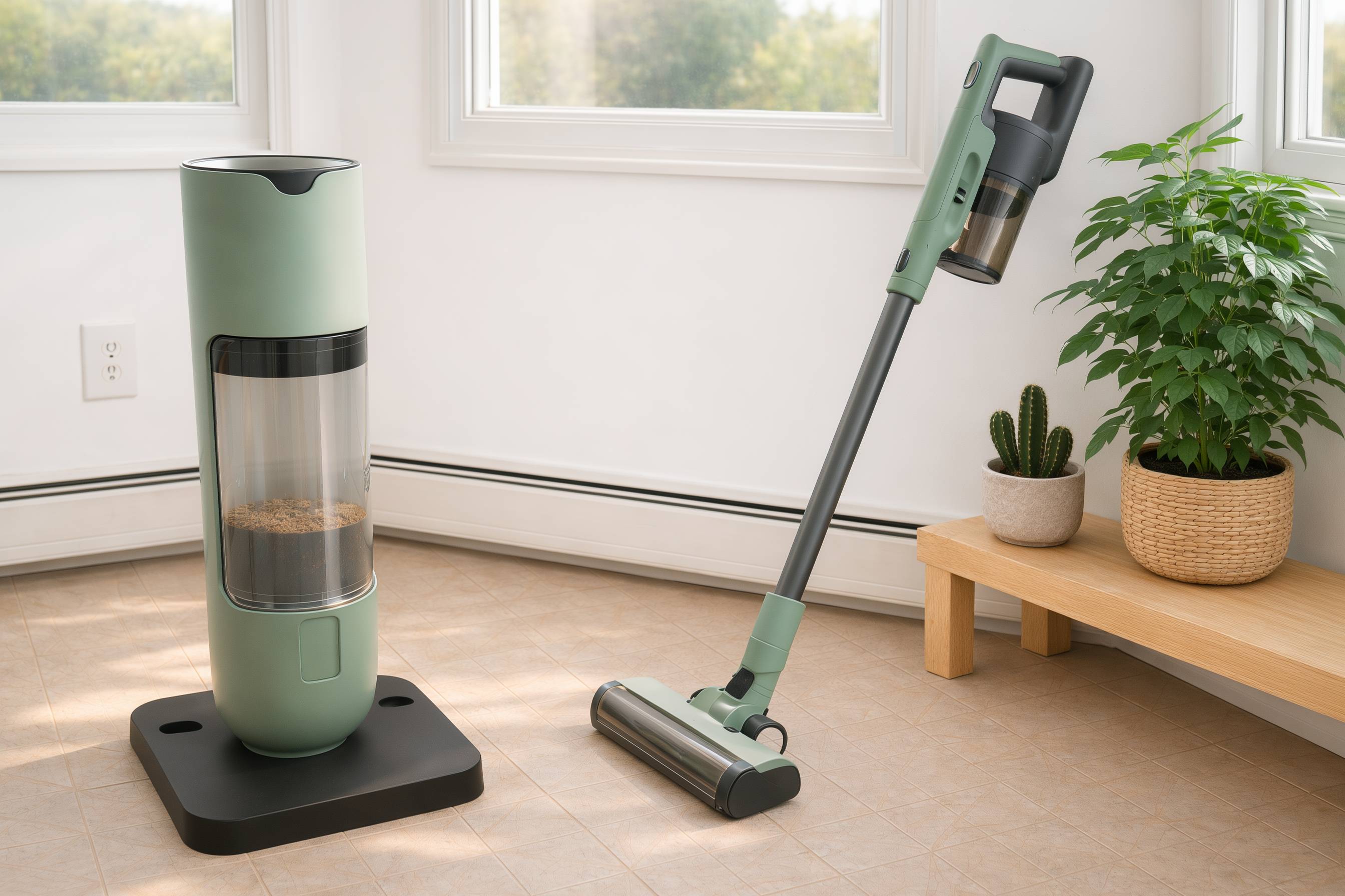 Kabelloser Staubsauger mit Ladestation in modernem Wohnzimmer.