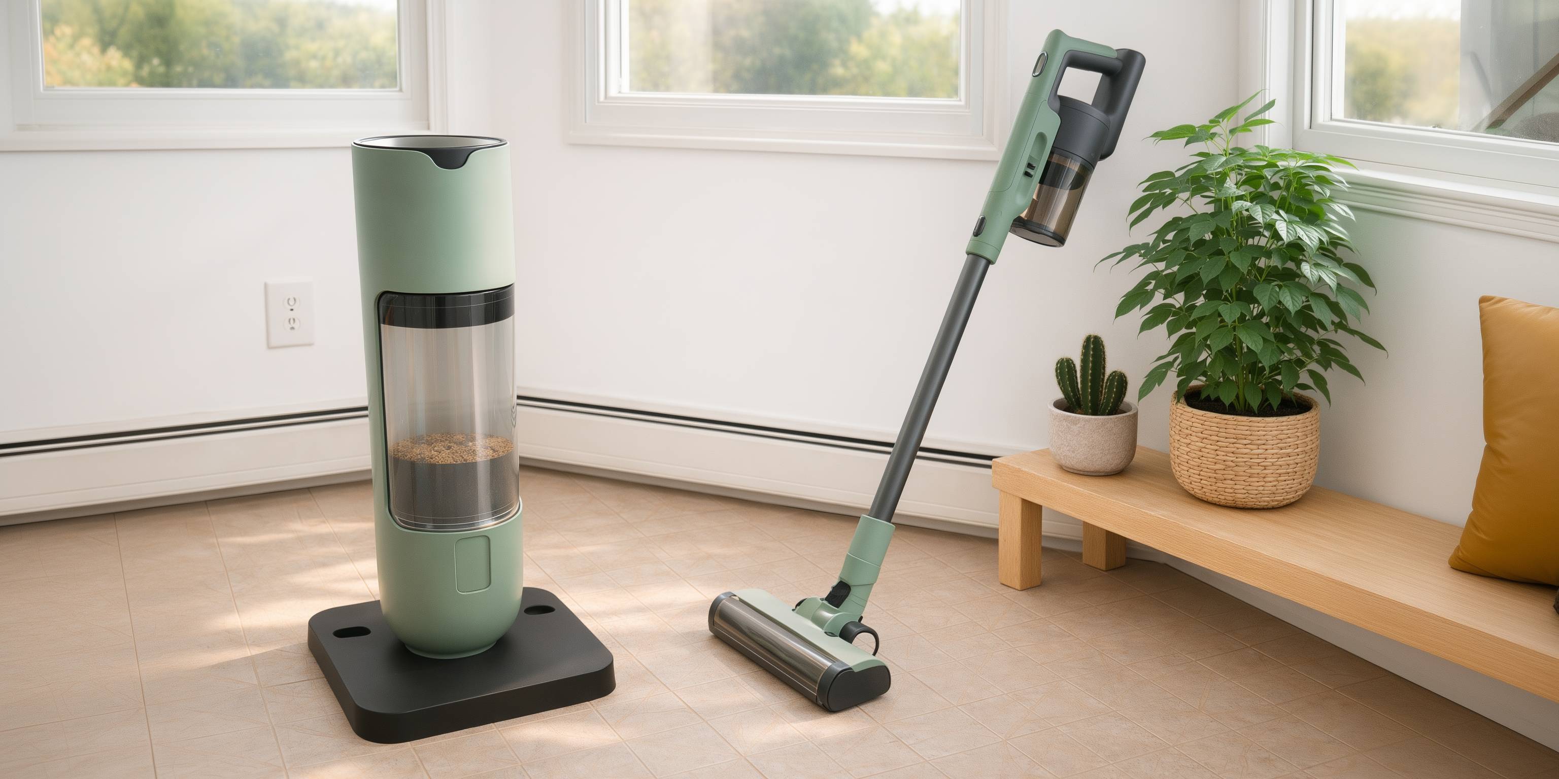 Kabelloser Staubsauger mit Reinigungsstation in einer Zimmerecke.