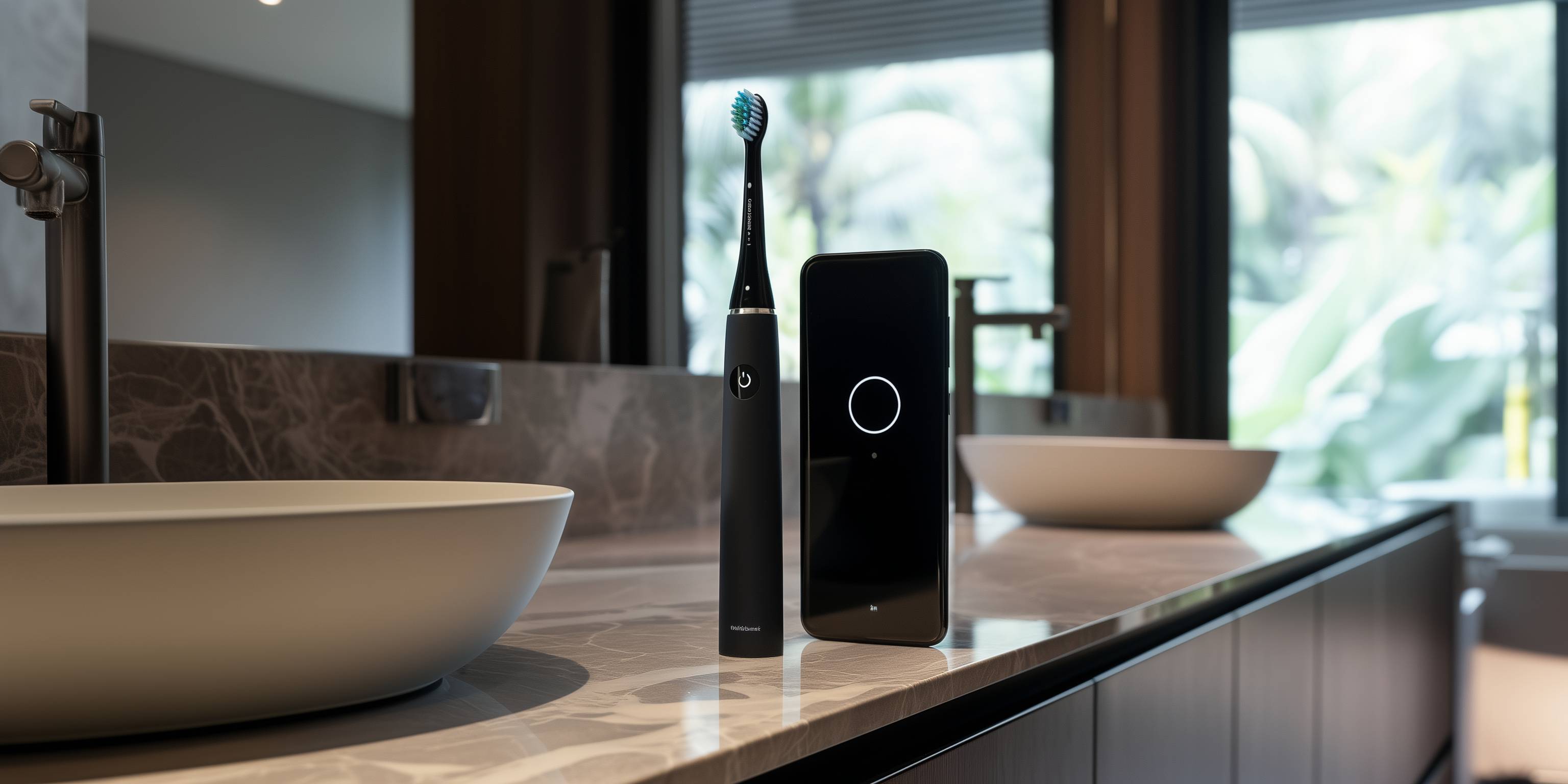 Elektrische Zahnbürste und Smartphone stehen nebeneinander auf einem Badezimmerwaschtisch.