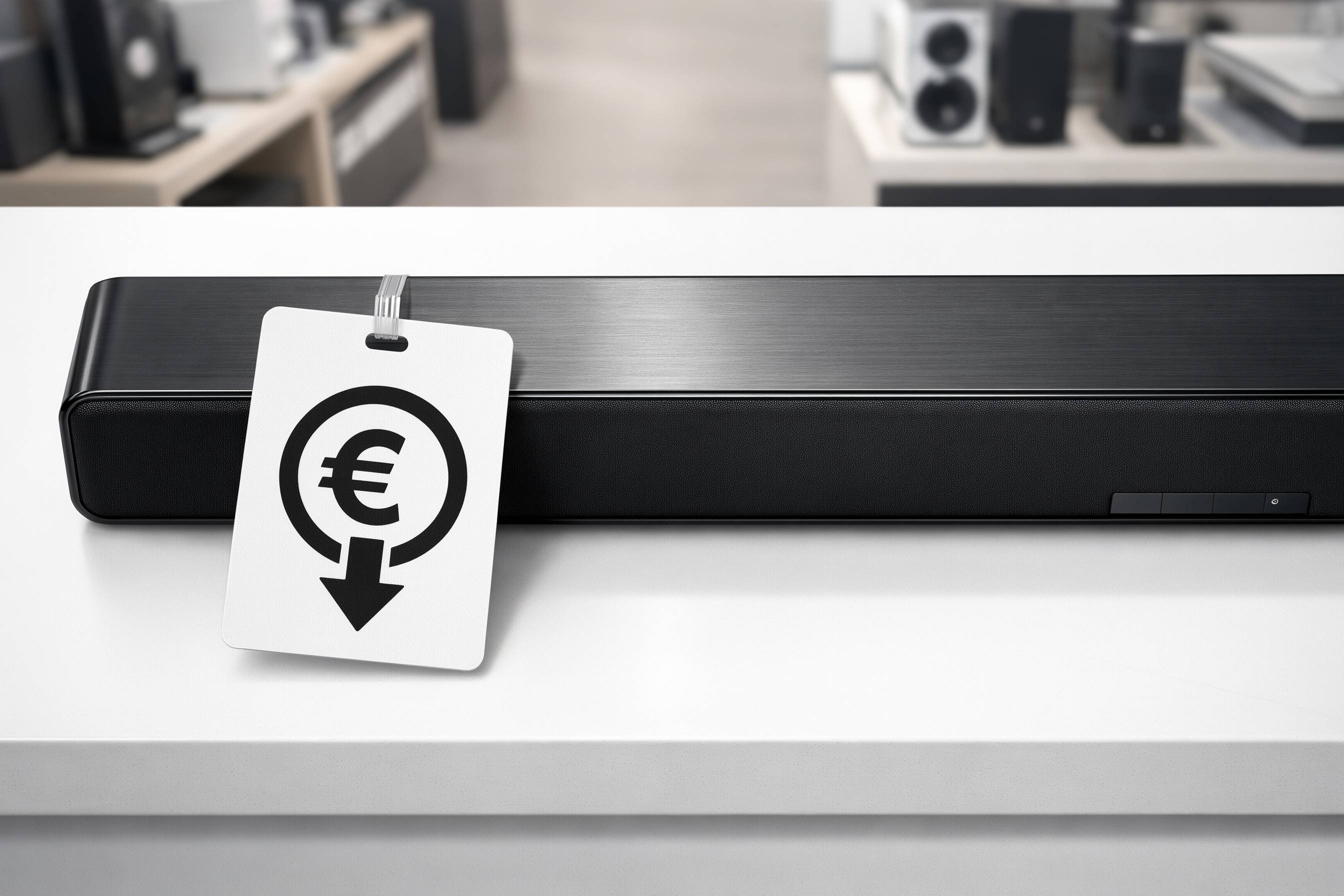 Soundbar mit Preisschild, das eine Preissenkung symbolisiert.
