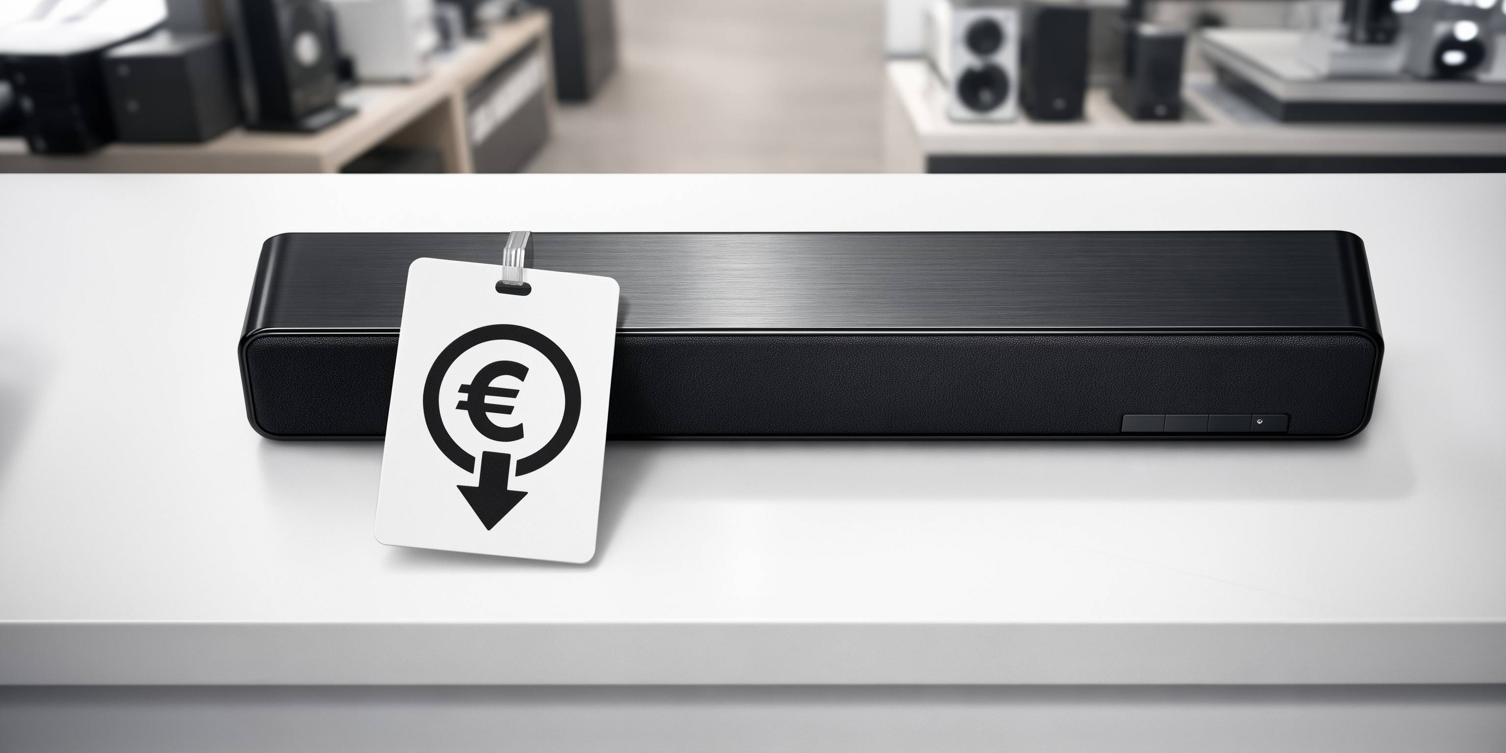 Soundbar mit Preisschild und Euro-Symbol auf Verkaufstheke.