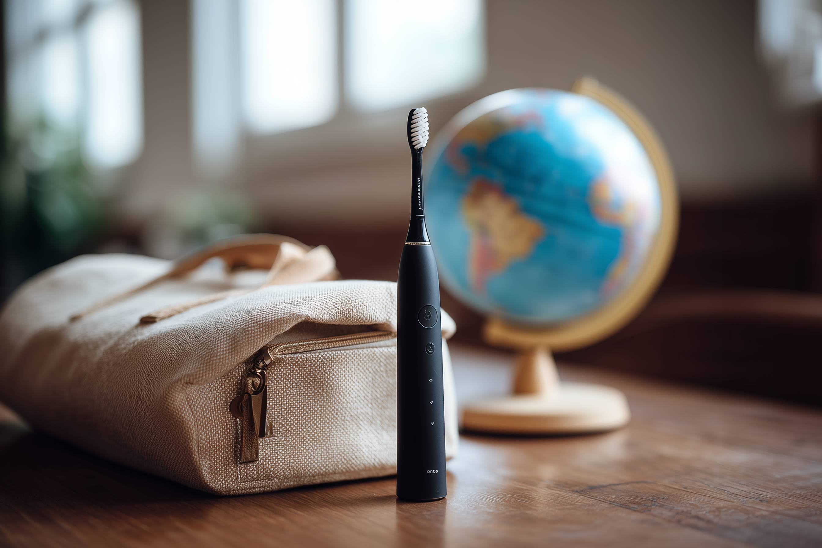 Schwarze elektrische Zahnbürste steht auf einem Holztisch neben einer beigefarbenen Tasche und einem Globus.