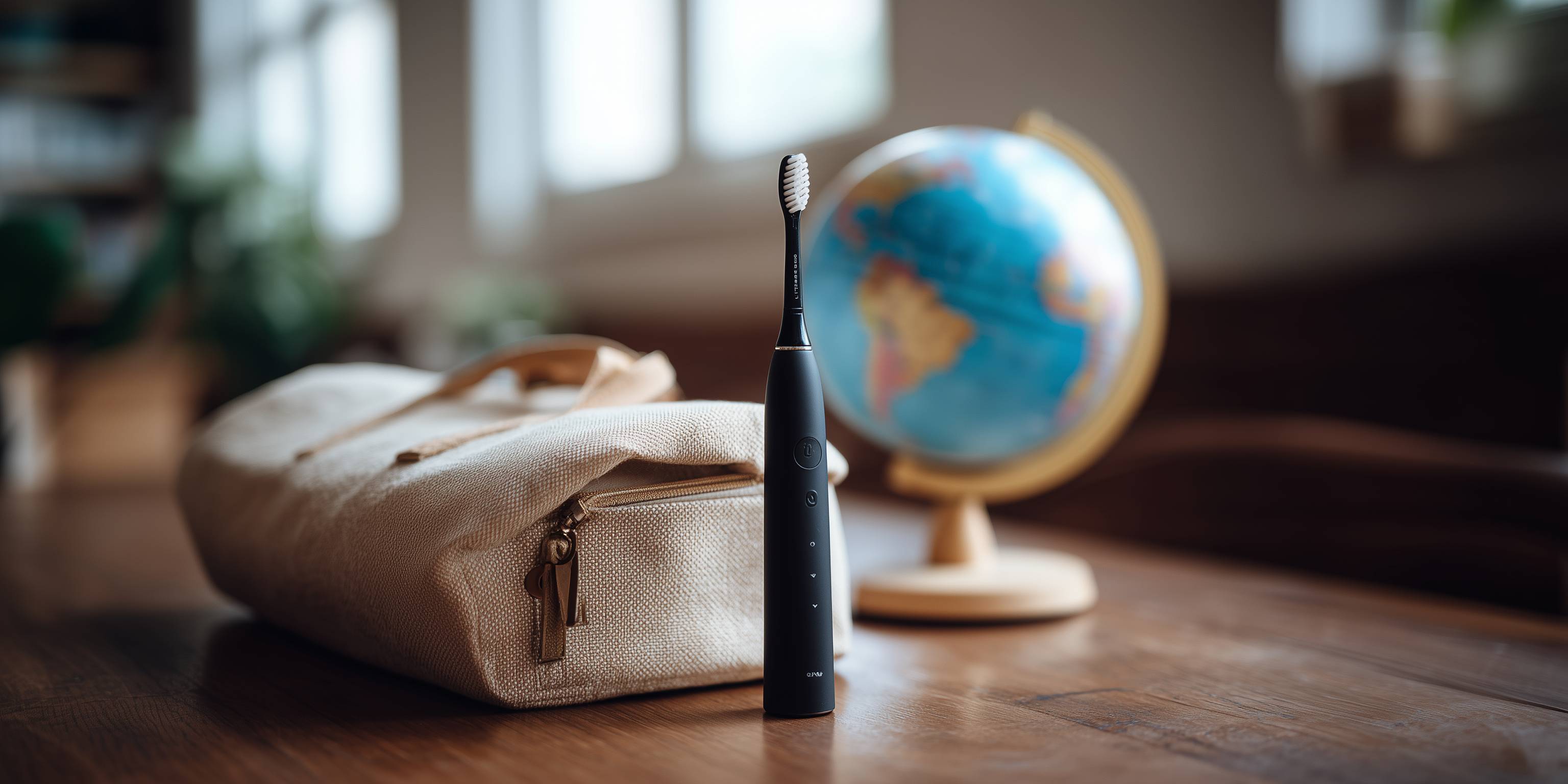 Schwarze elektrische Zahnbürste steht auf einem Holztisch neben einer beigefarbenen Tasche und einem Globus.