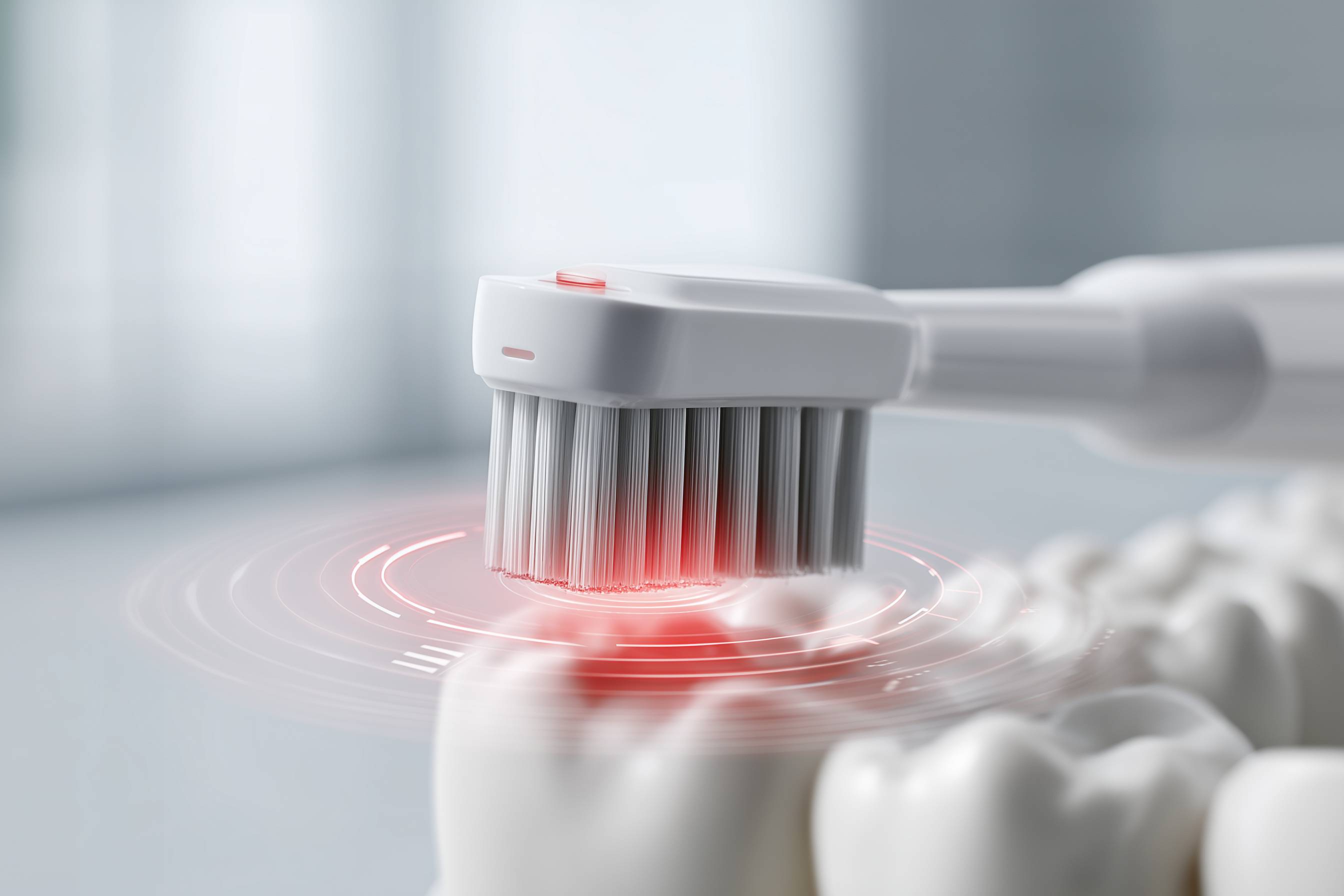 Elektrische Zahnbürste putzt Zähne, rote Markierung zeigt zu hohen Druck an