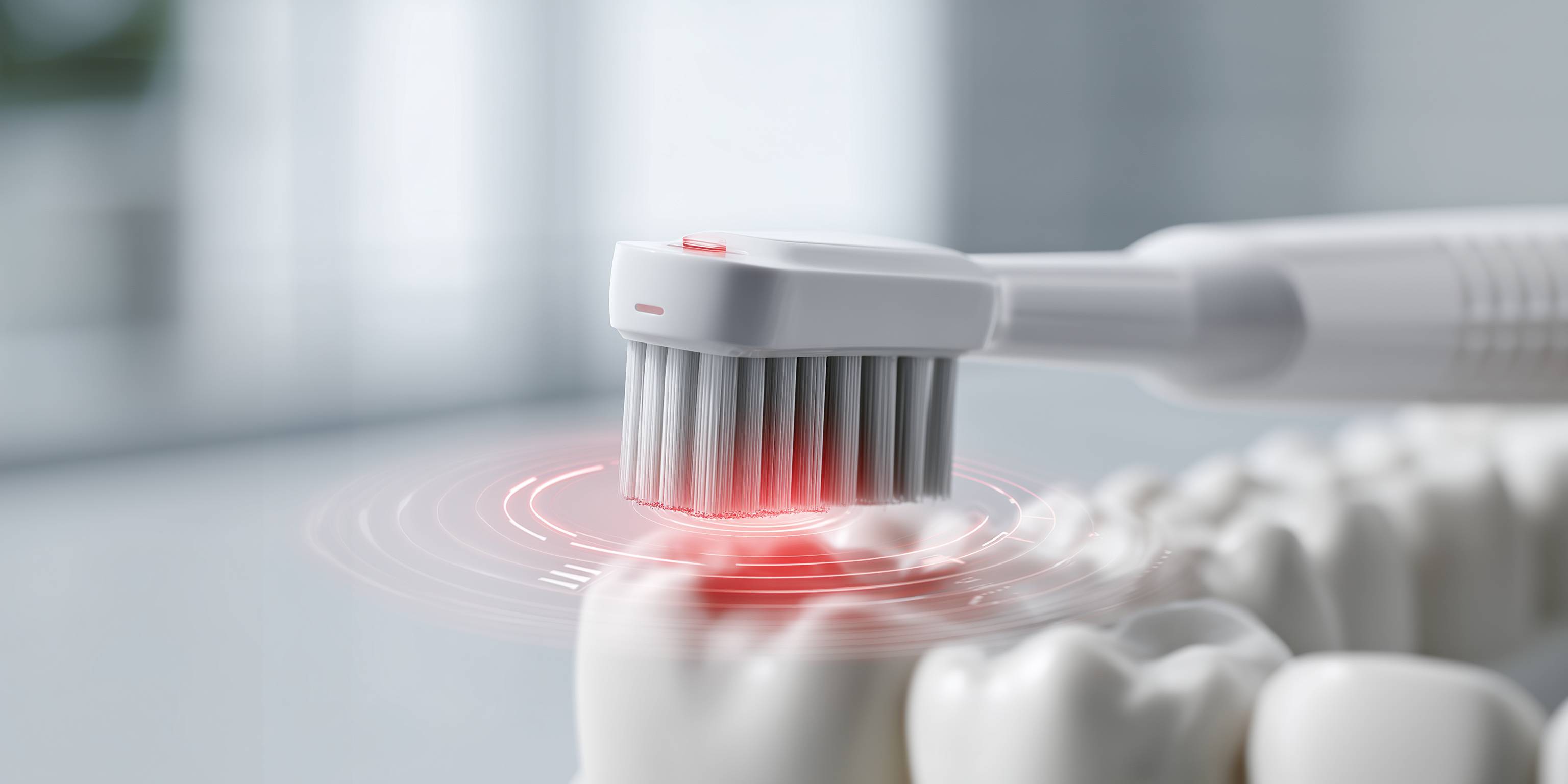 Elektrische Zahnbürste putzt Zähne, rote Markierung zeigt zu hohen Druck an