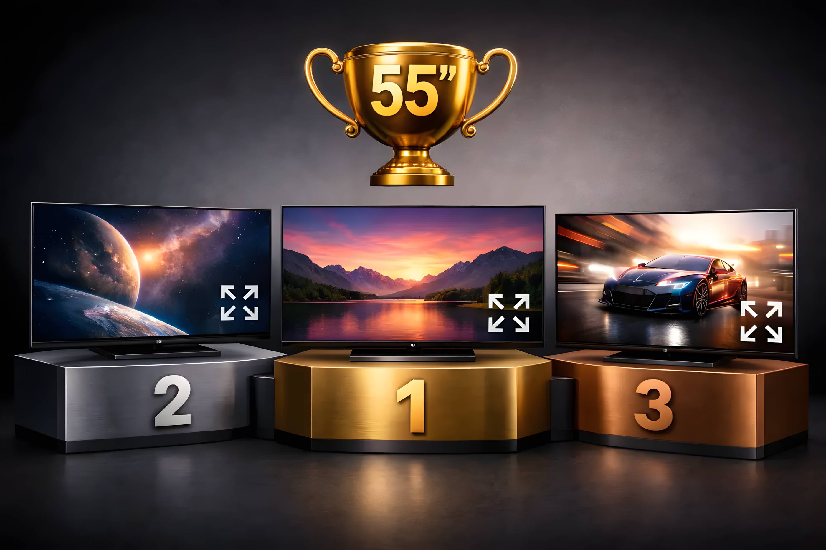 Drei 55-Zoll-Fernseher stehen auf einem Siegerpodest mit einer goldenen Trophäe über dem mittleren Fernseher.