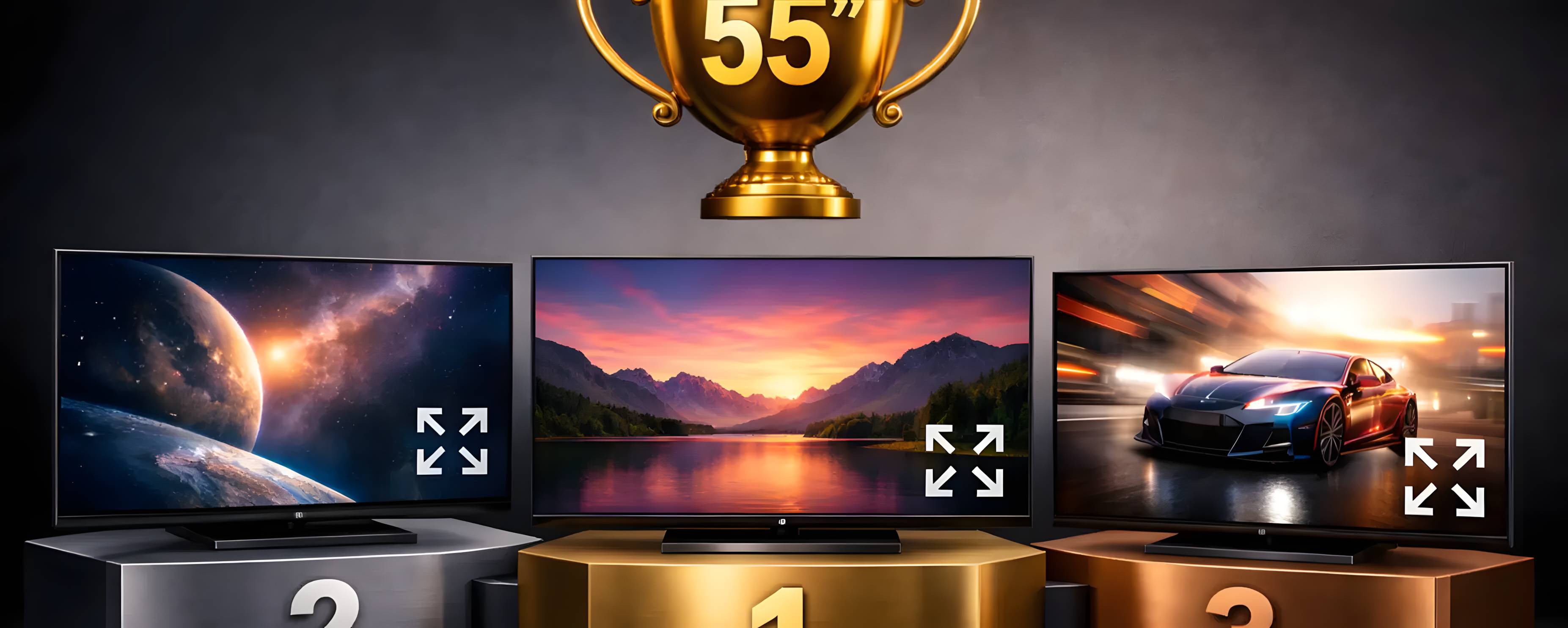 Drei Fernseher auf einem Siegerpodest mit einem Pokal über dem mittleren Fernseher.