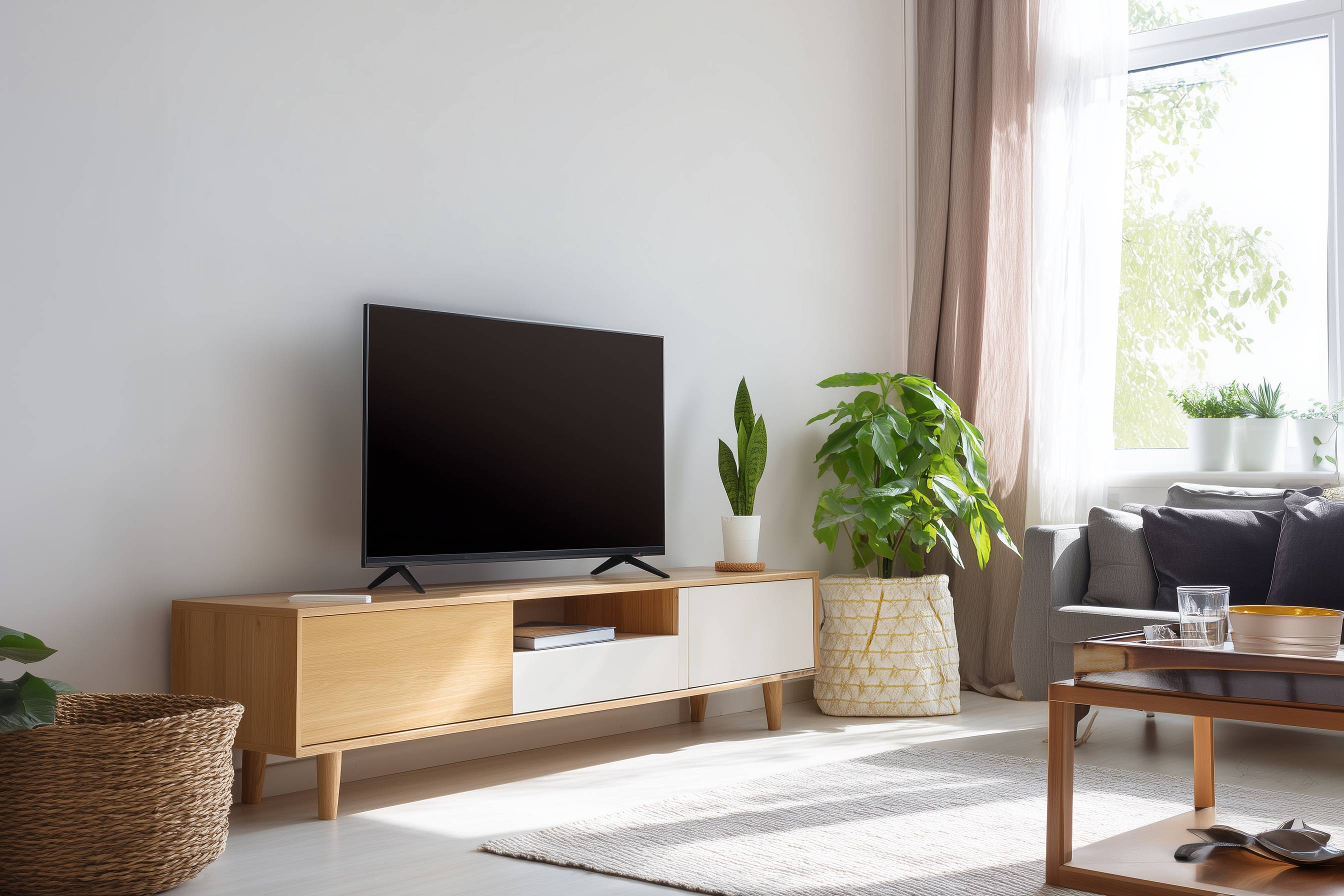 Modernes Wohnzimmer mit Fernseher, Holzmöbeln, Pflanzen und großem Fenster.