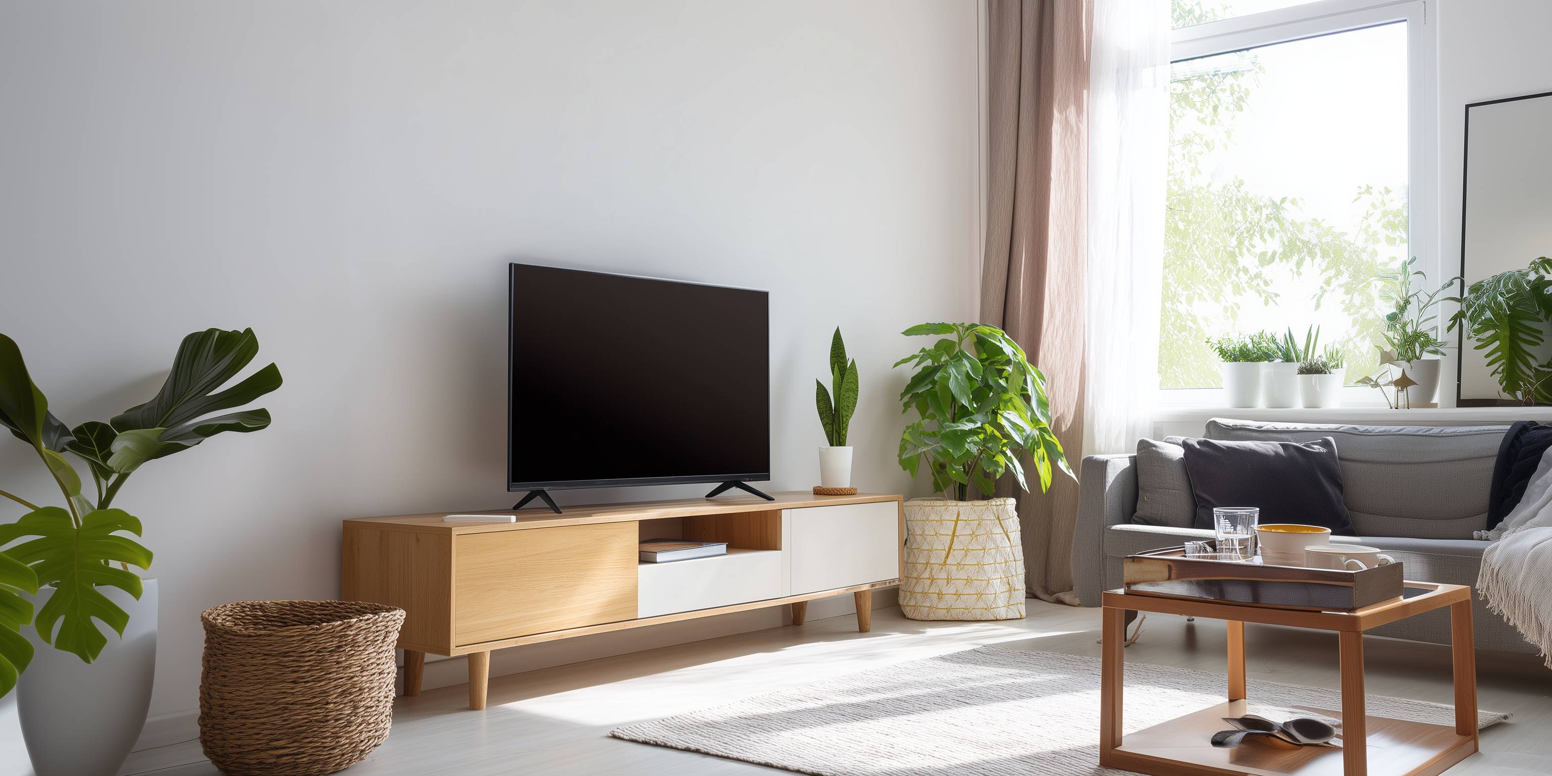 Modernes Wohnzimmer mit Fernseher, Holzmöbeln und vielen Zimmerpflanzen.