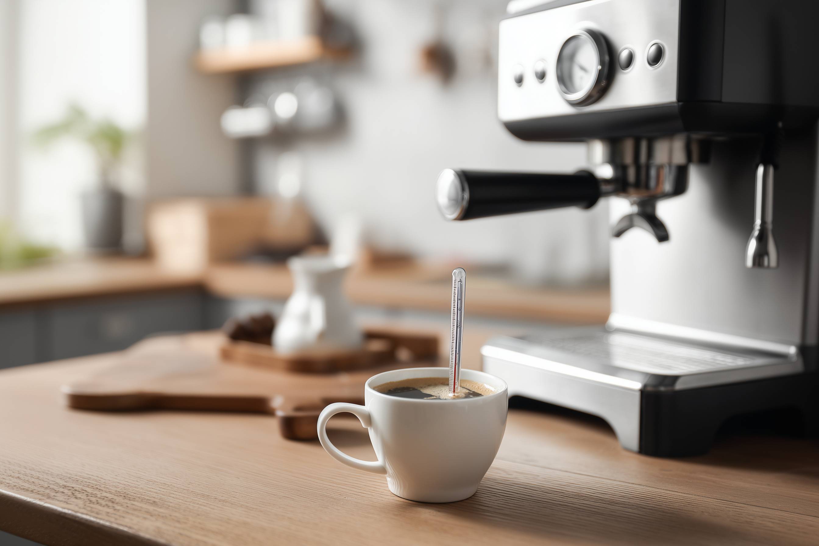 Tasse Kaffee mit Thermometer steht neben einer Espressomaschine auf einer Küchenarbeitsplatte.