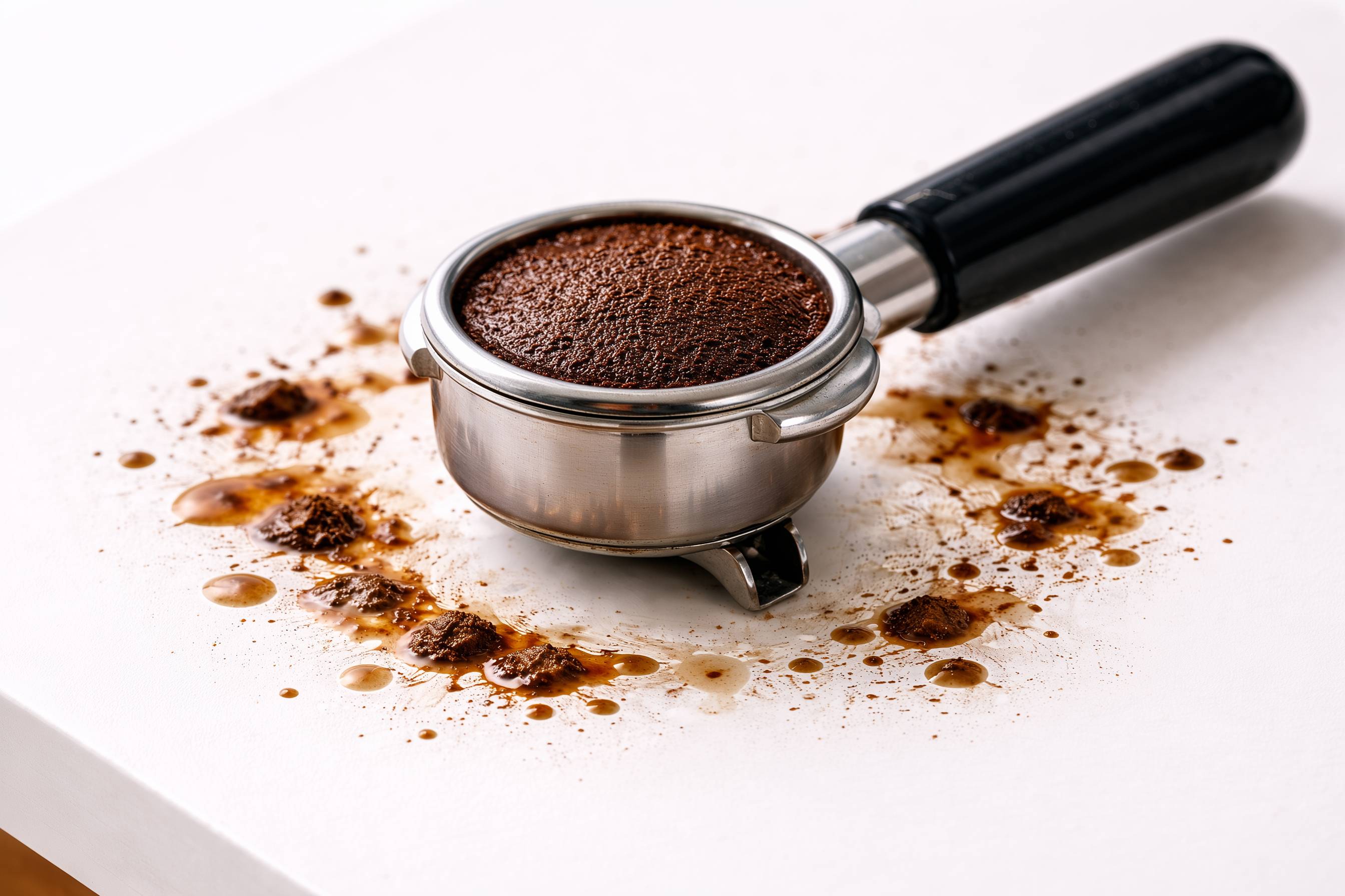 Siebträger mit Kaffeepulver und Kaffeeflecken auf weißer Oberfläche.