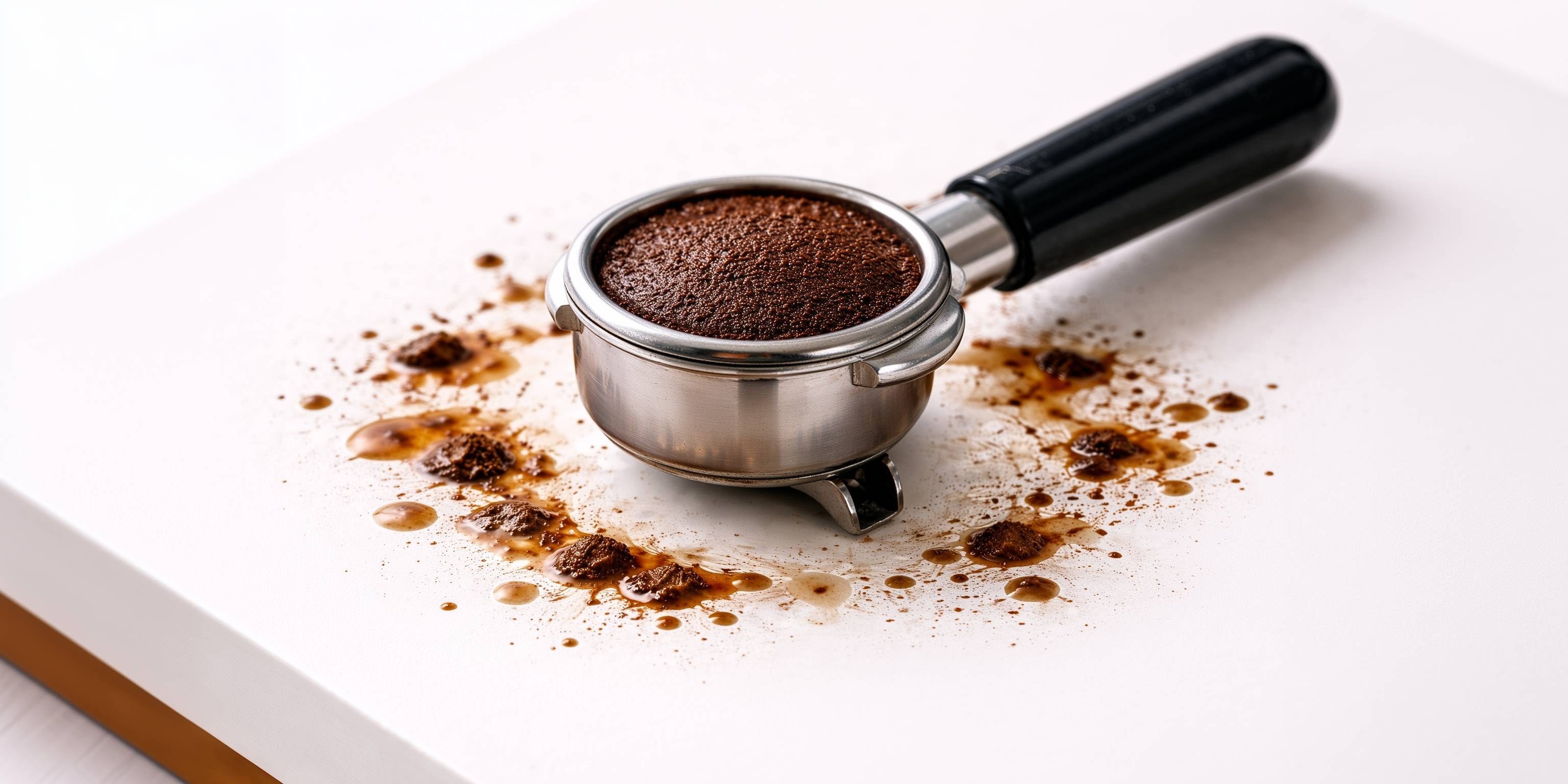 Siebträger mit Kaffeepulver und Kaffeeflecken auf weißer Oberfläche.