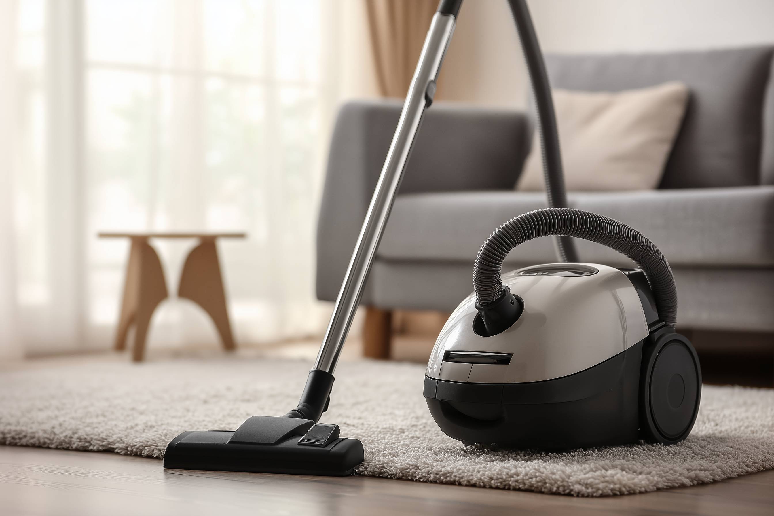 Staubsauger auf einem Teppich in einem Wohnzimmer.