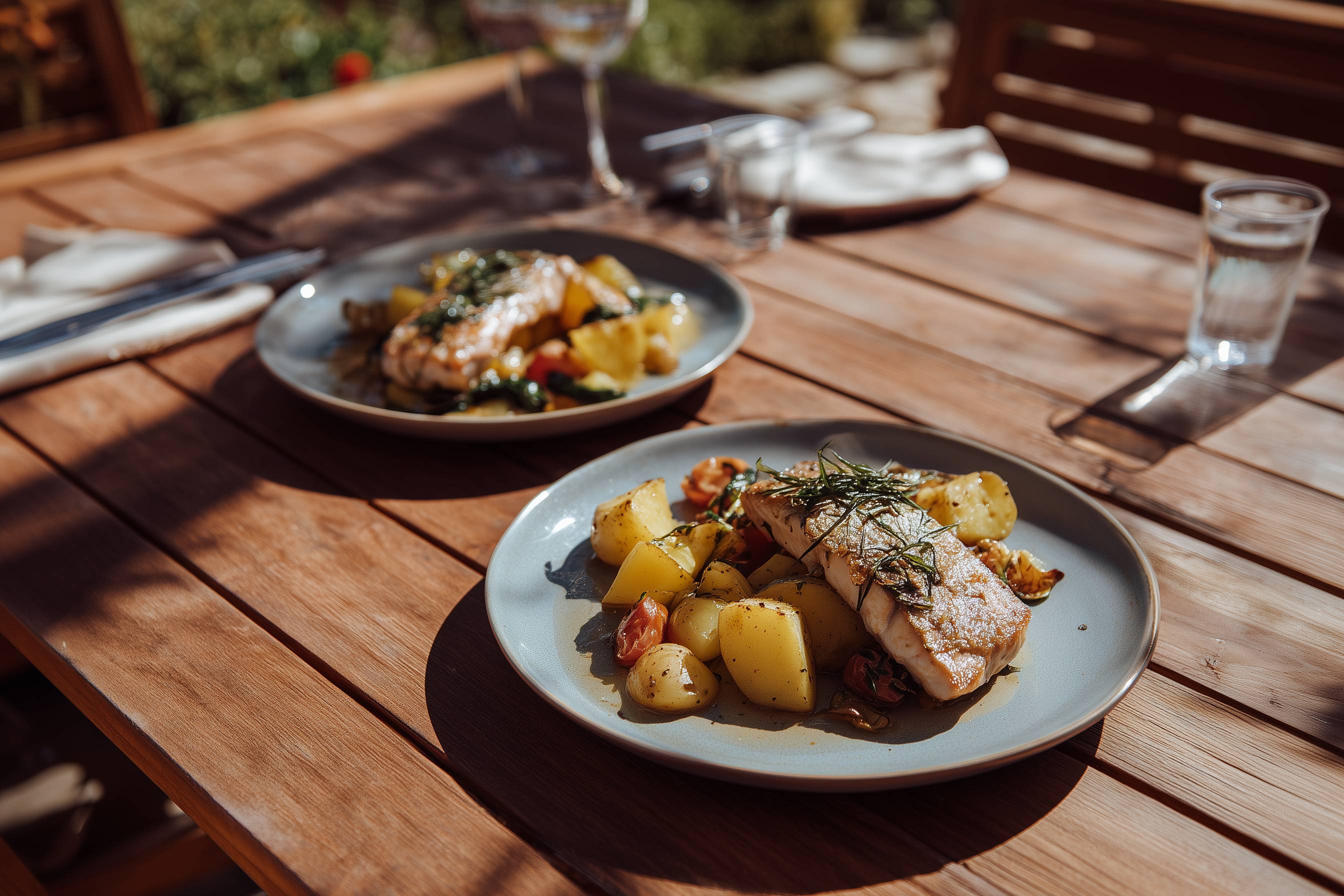 Zwei Teller mit Fischfilet und Kartoffeln auf einem Holztisch im Freien.