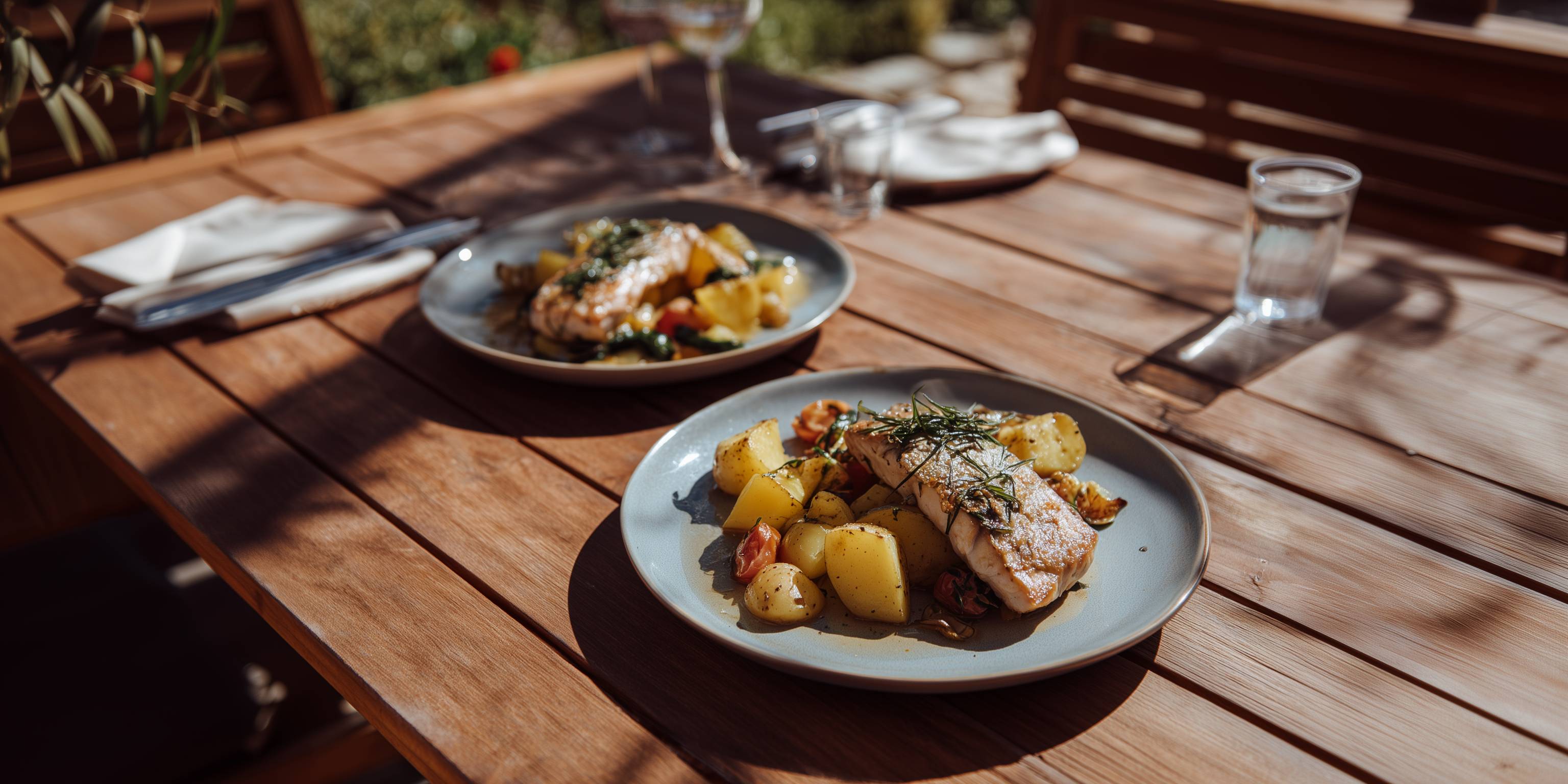 Zwei Teller mit Fischfilet und Kartoffeln auf einem Holztisch im Freien.