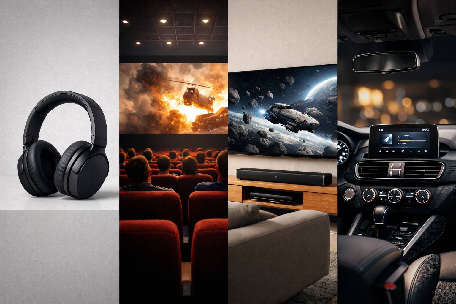 Vier geteiltes Bild mit Kopfhörern, Kino, Heimkino und Auto-Innenraum mit Musiksystem.