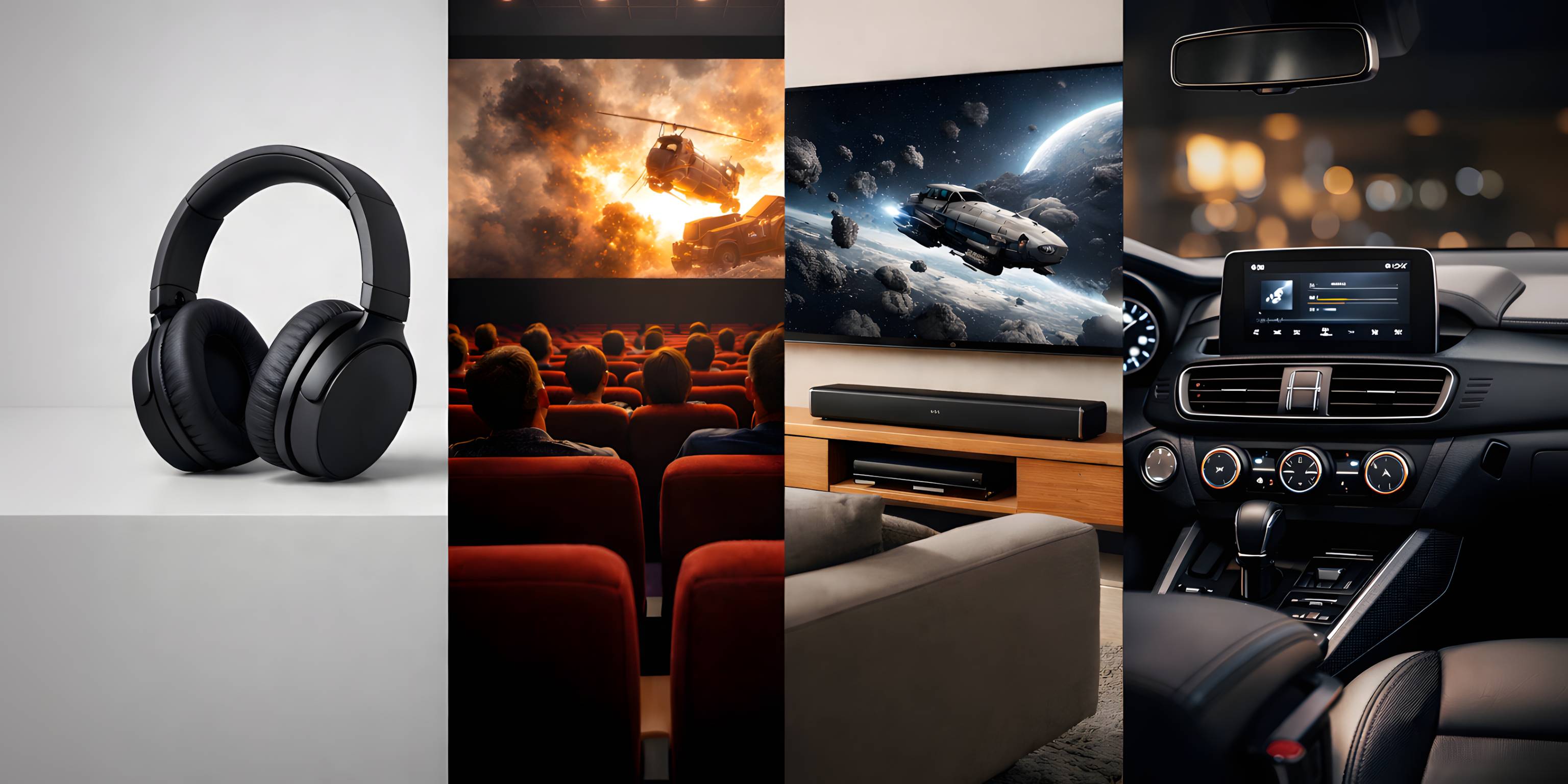 Vier geteiltes Bild: Kopfhörer, Kino, Wohnzimmer mit TV, Autoarmaturenbrett mit Bildschirm.