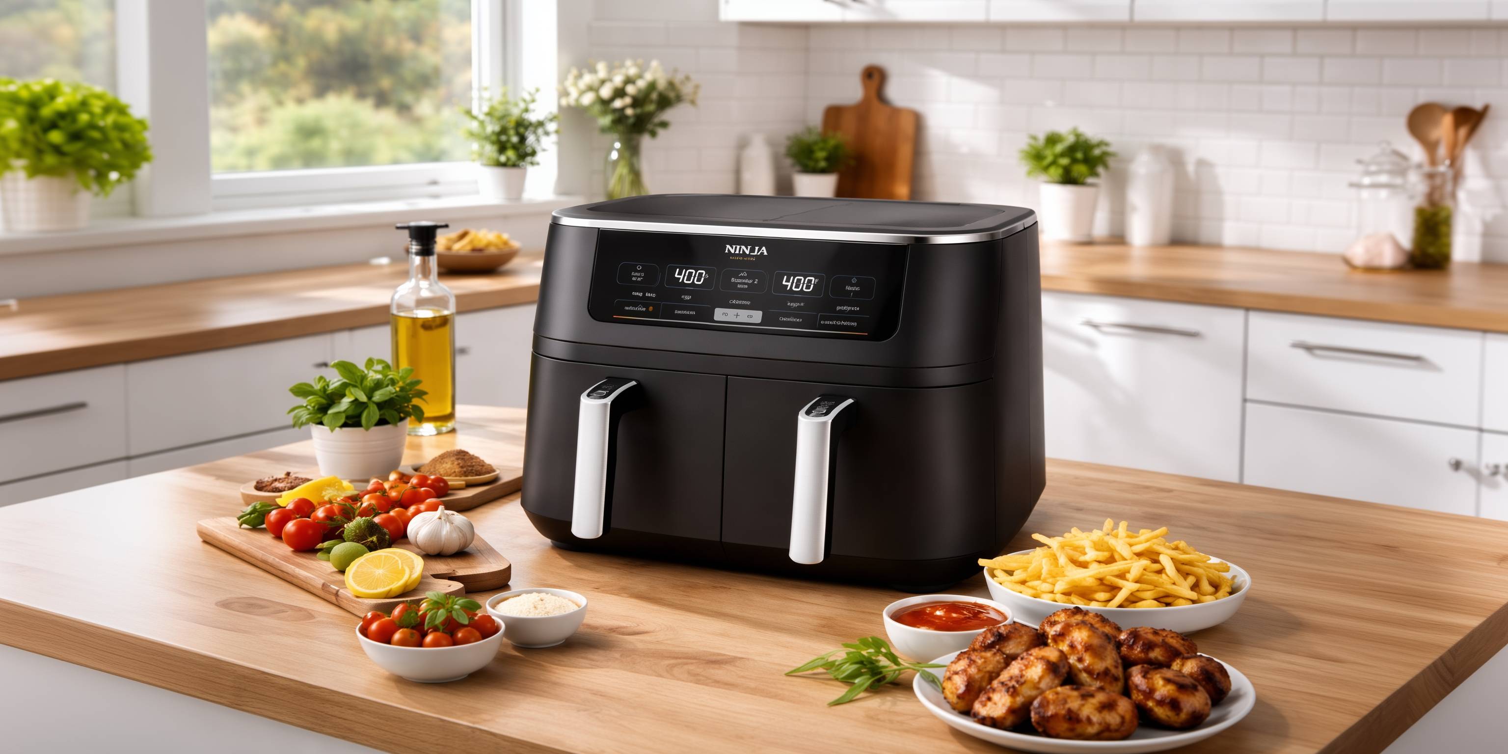 Schwarze Ninja Heißluftfritteuse auf Küchenarbeitsplatte mit Pommes und Hähnchenschenkel.