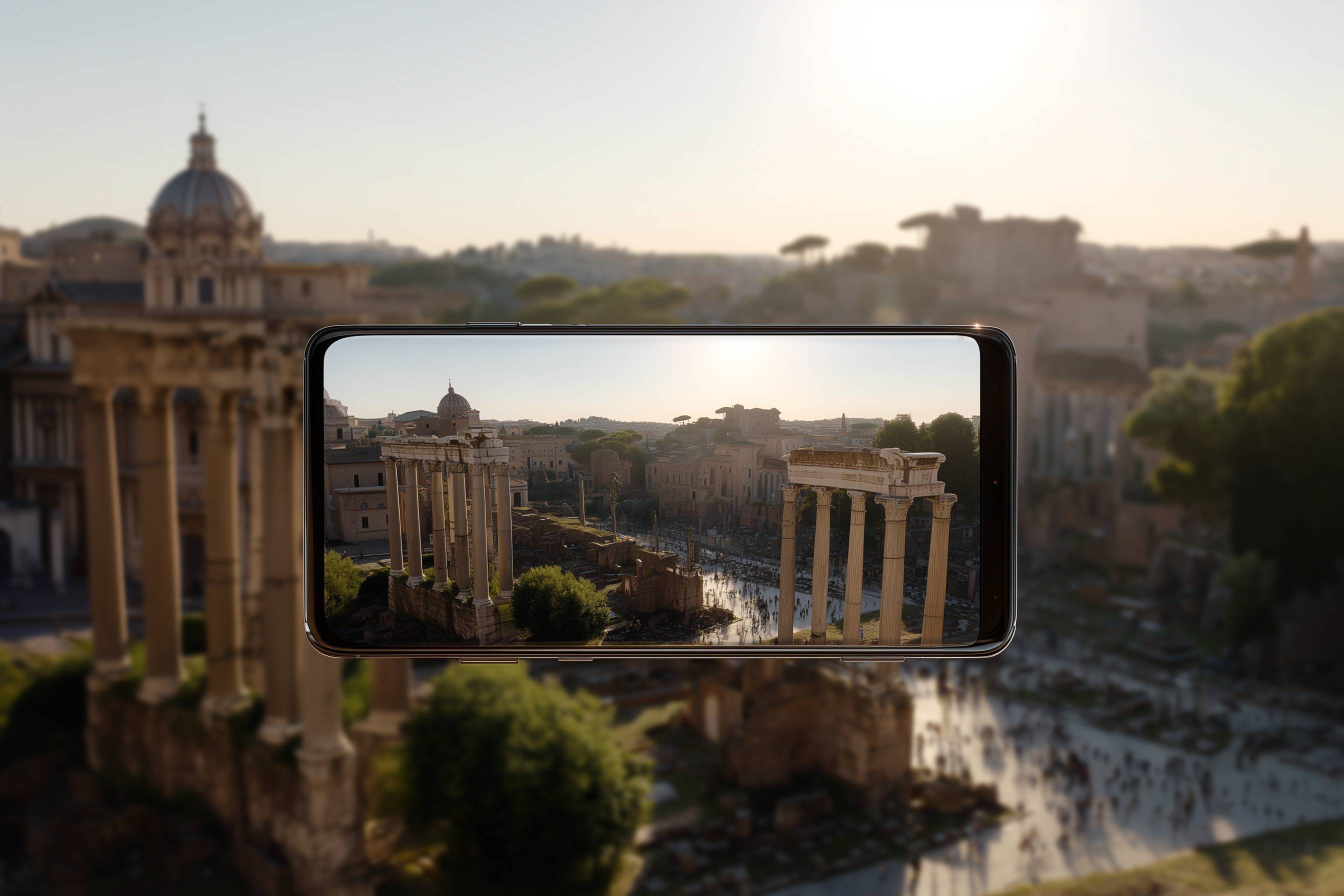 Ein Smartphone fotografiert antike römische Ruinen bei Sonnenuntergang.