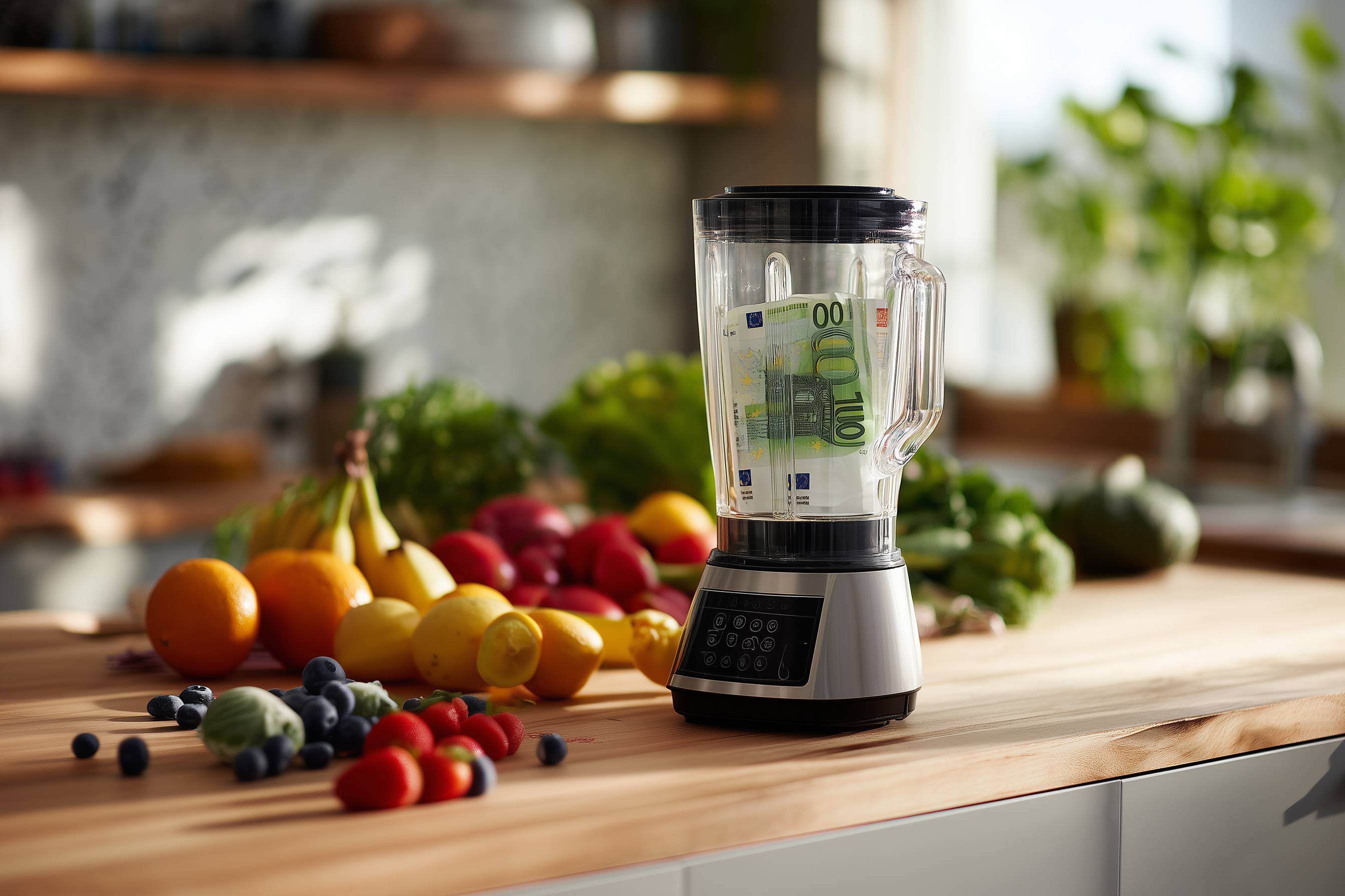 Ein Mixer mit Euro-Geldscheinen darin steht auf einer Küchentheke neben frischem Obst und Gemüse.