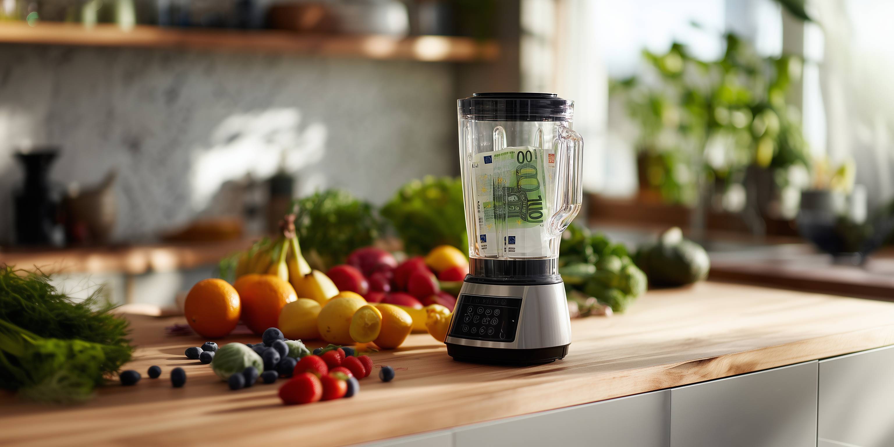 Ein Mixer mit Euro-Geldscheinen darin steht auf einer Küchentheke neben frischem Obst und Gemüse.