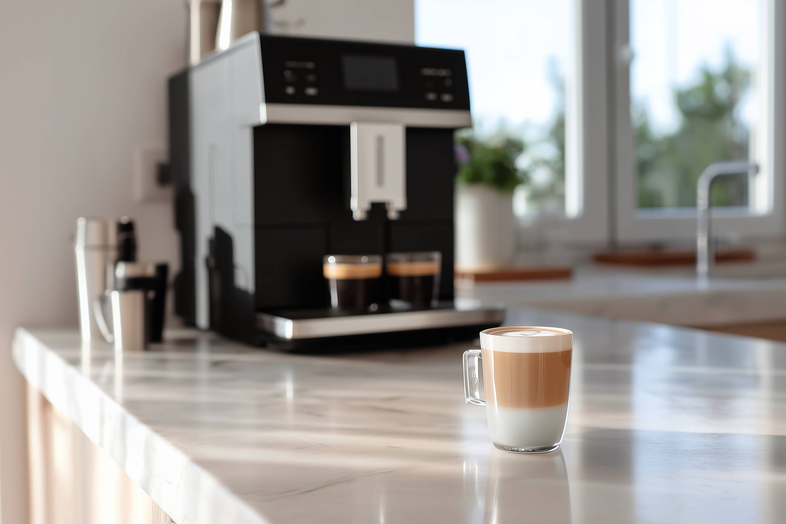 Ein Glas Latte Macchiato steht auf einer Küchenarbeitsplatte, im Hintergrund ein Kaffeevollautomat.