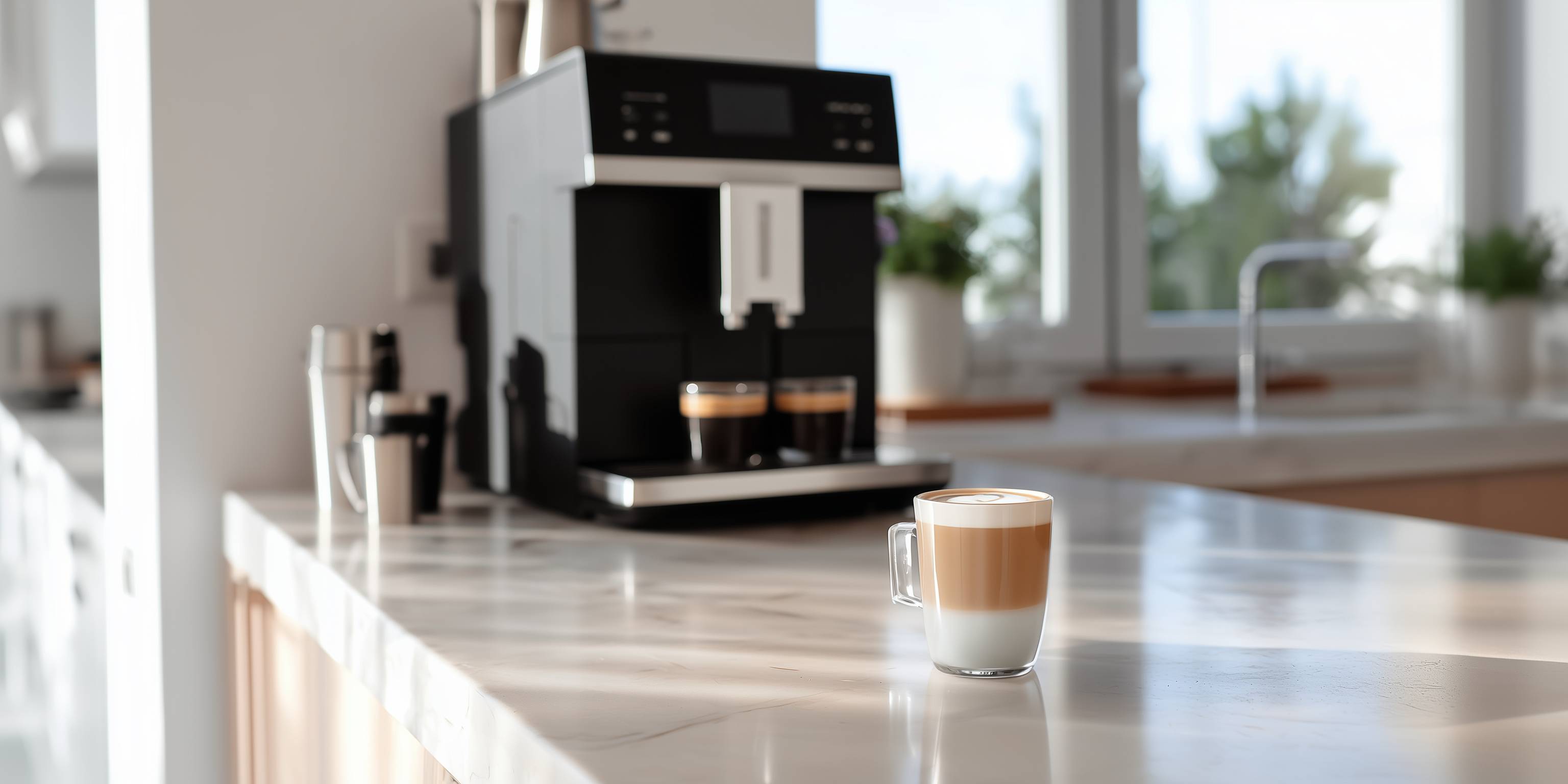 Ein Glas Latte Macchiato steht auf einer Küchenarbeitsplatte, im Hintergrund ein Kaffeevollautomat.