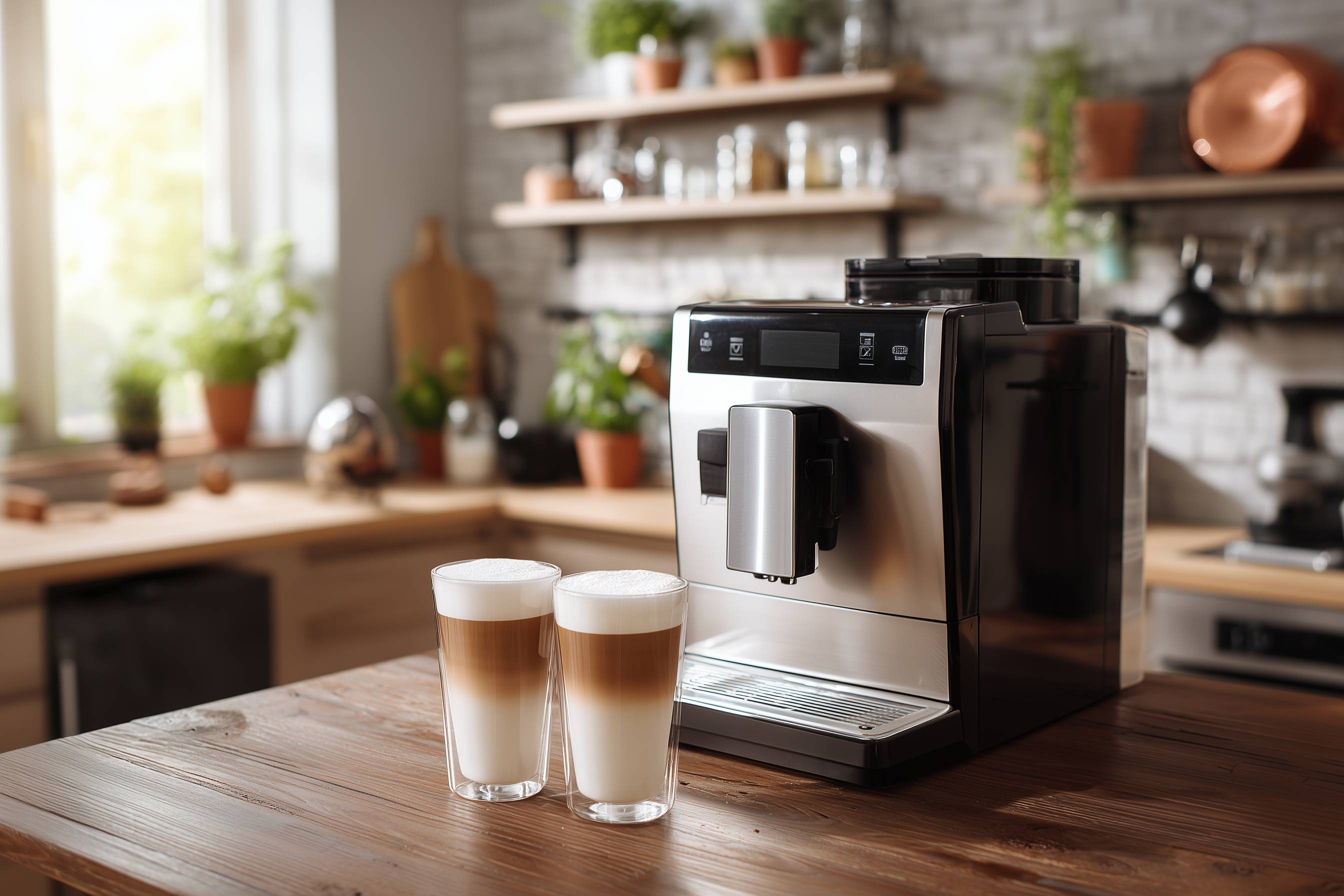Vollautomatische Kaffeemaschine und zwei Latte Macchiato auf Holztisch in moderner Küche.