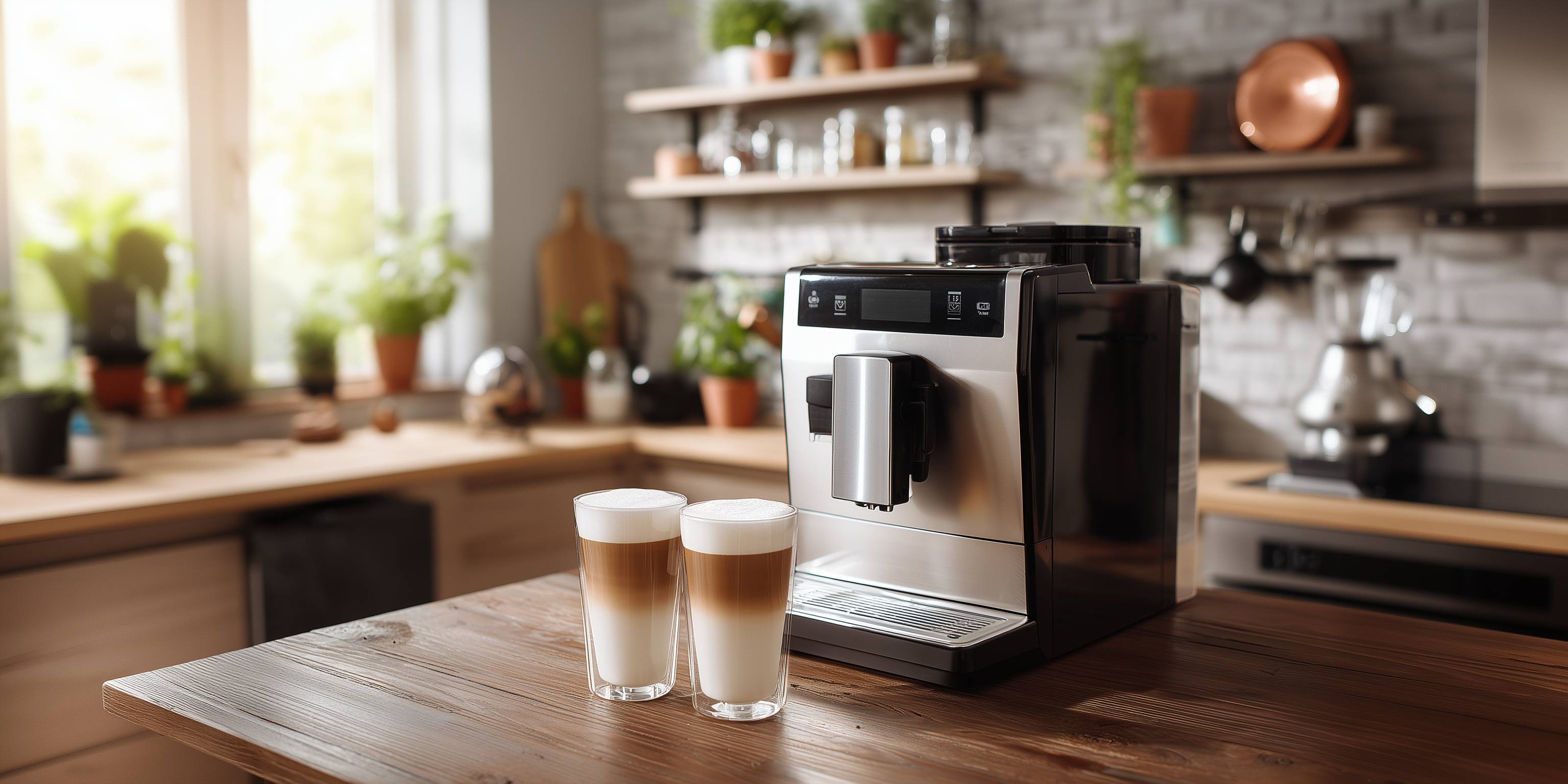 Vollautomatische Kaffeemaschine und zwei Latte Macchiato auf Holztisch in moderner Küche.