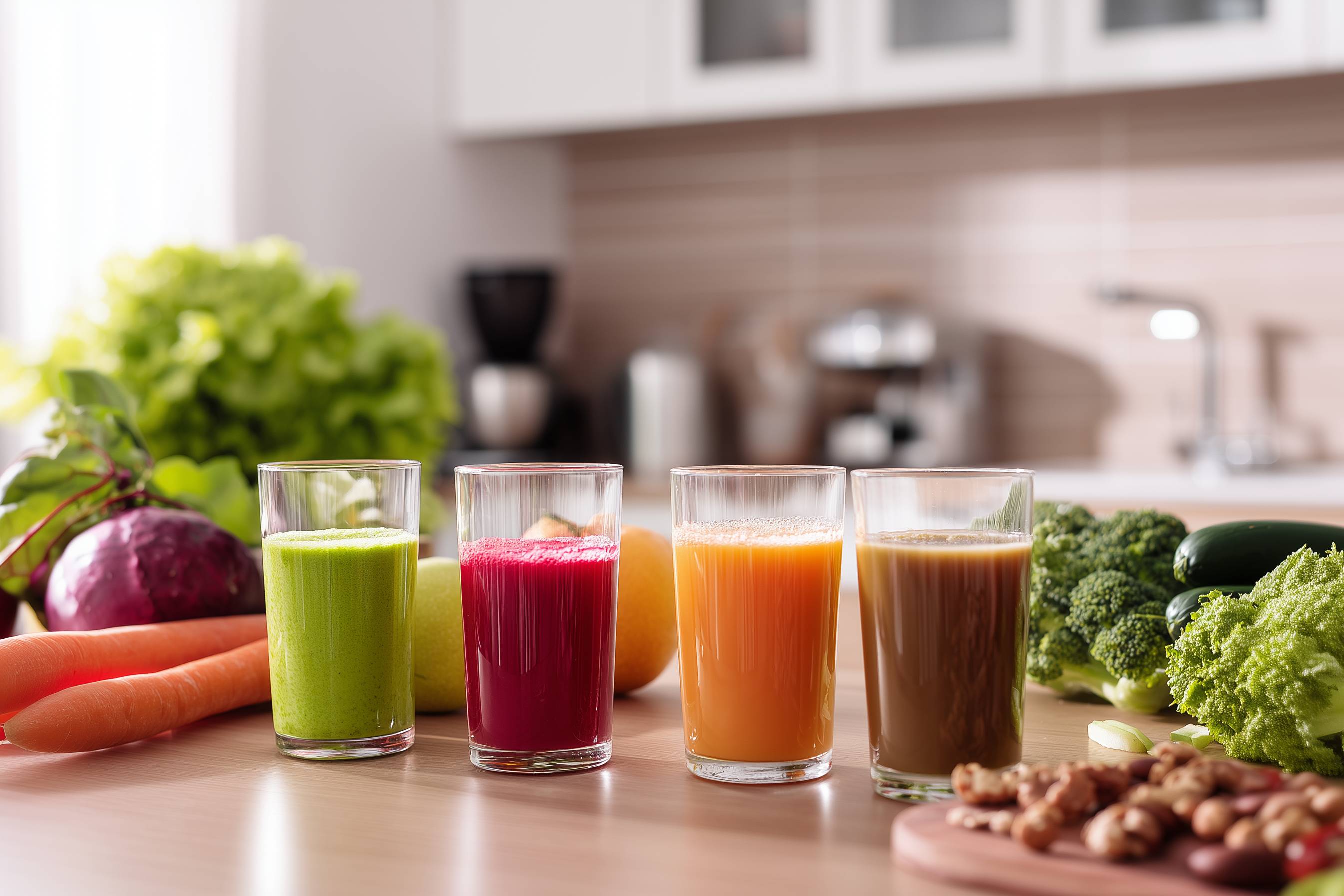 Vier Gläser mit verschiedenfarbigen Gemüsesäften stehen auf einer Küchenarbeitsplatte, umgeben von frischem Gemüse.