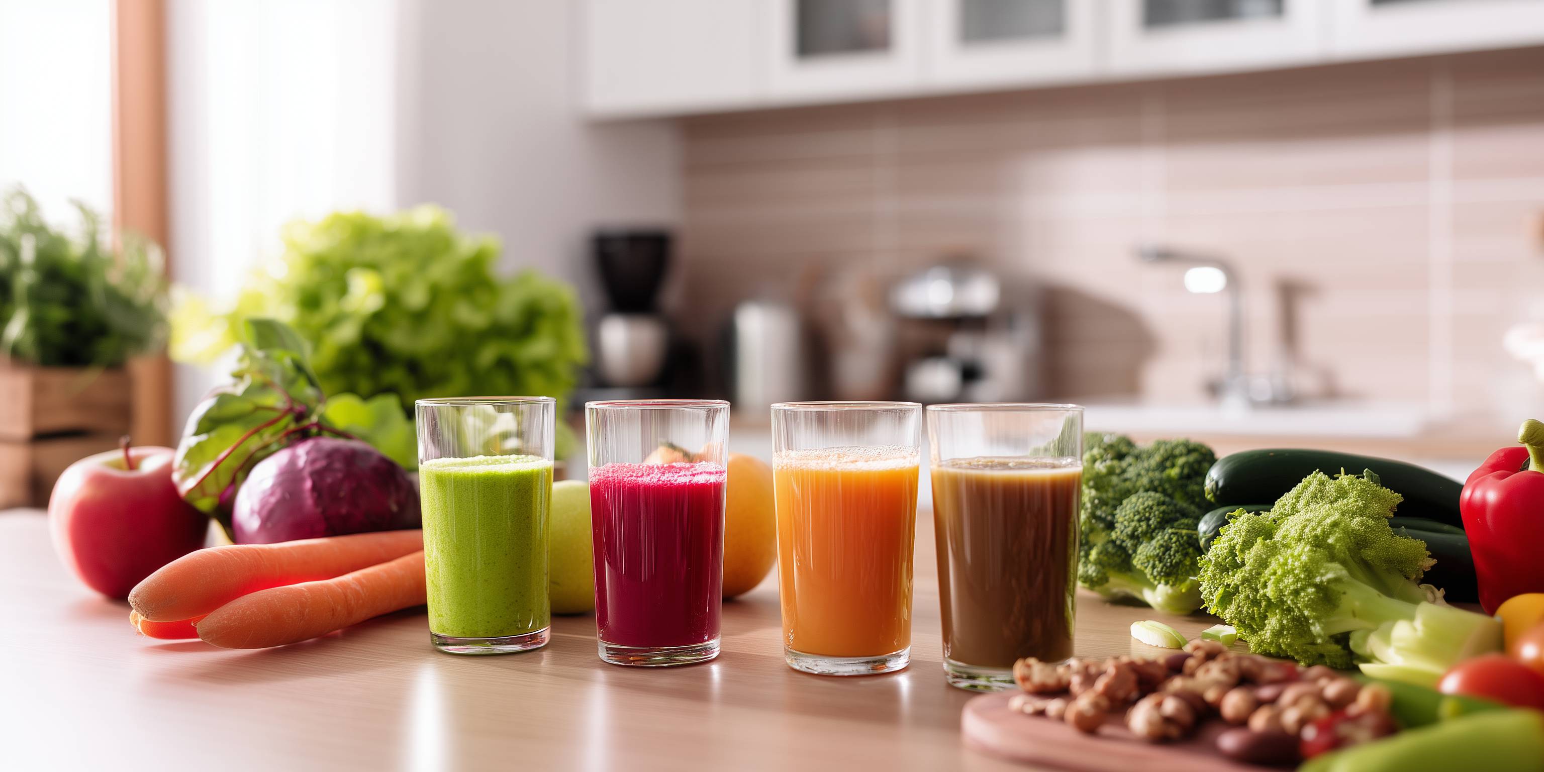 Vier Gläser mit verschiedenfarbigen Gemüsesäften stehen auf einer Küchenarbeitsplatte, umgeben von frischem Gemüse.