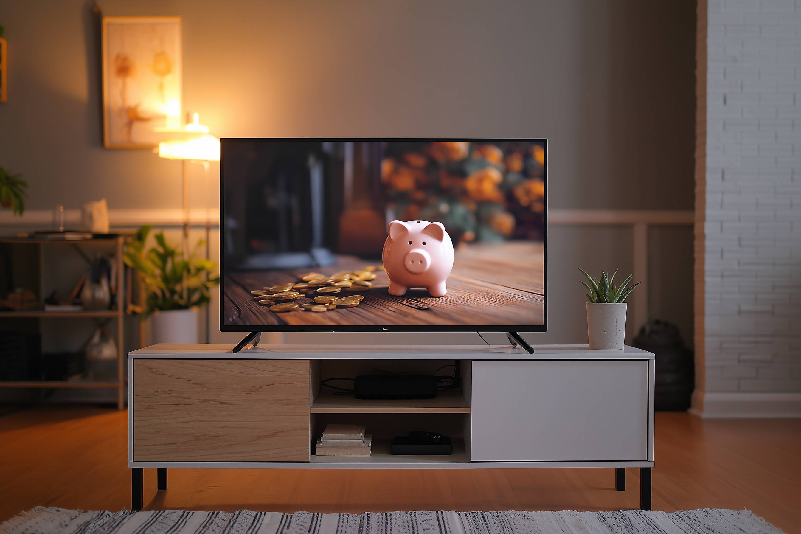 Fernseher auf modernem TV-Schrank zeigt ein Sparschwein mit Münzen.
