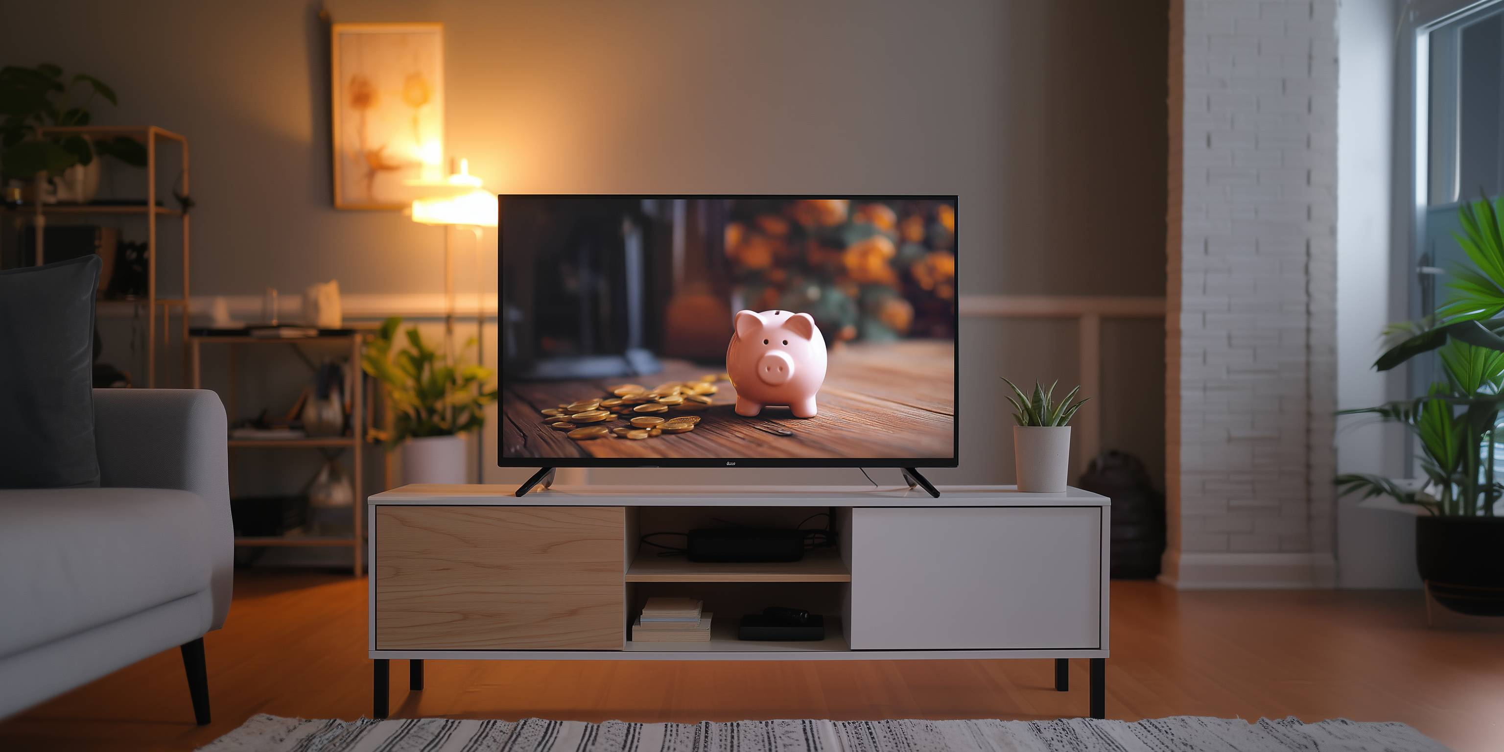 Modernes Wohnzimmer mit Fernseher, auf dem ein Sparschwein und Münzen zu sehen sind.