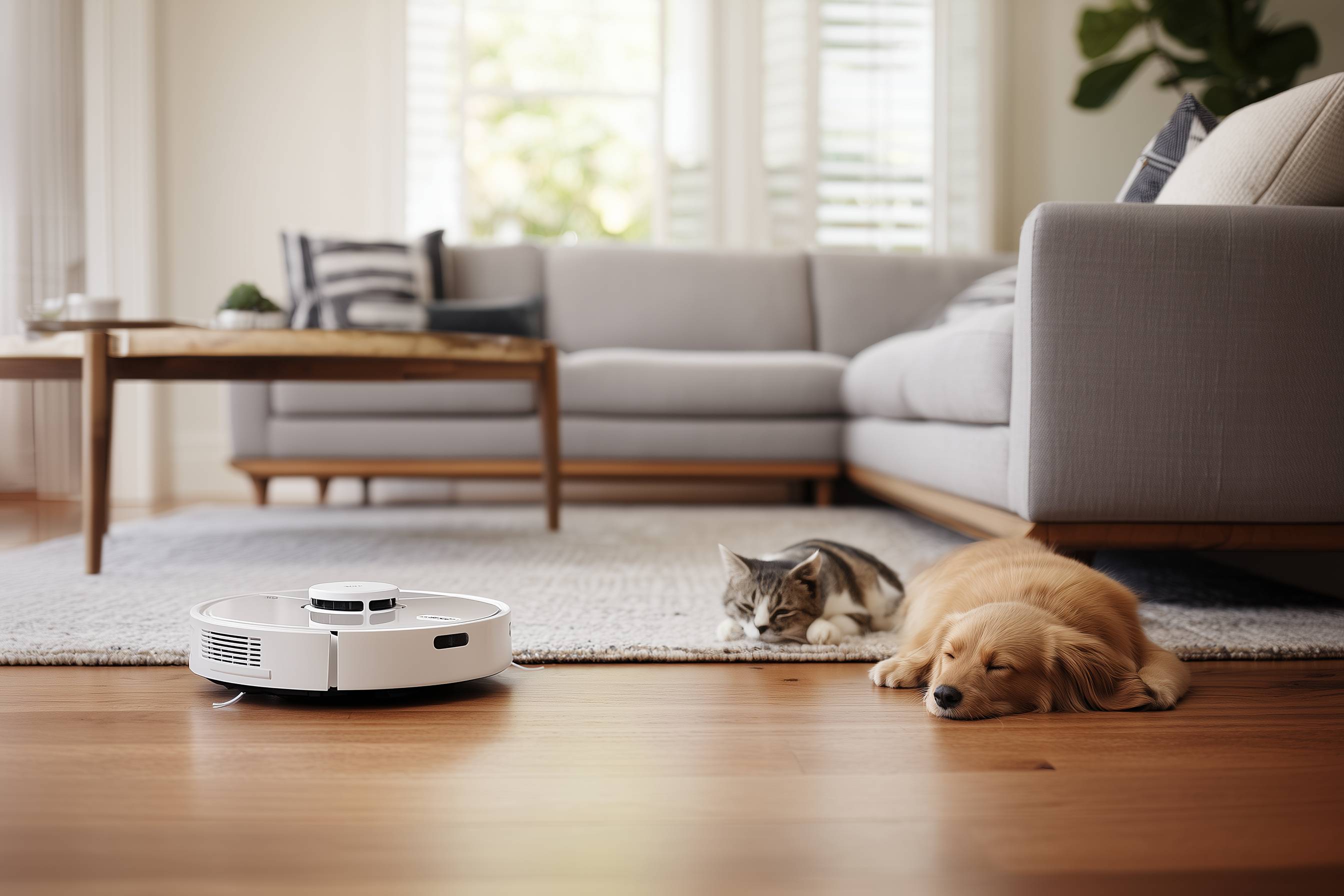 Ein Staubsaugerroboter fährt auf einem Holzboden, während eine Katze und ein Hund auf einem Teppich im Wohnzimmer liegen.