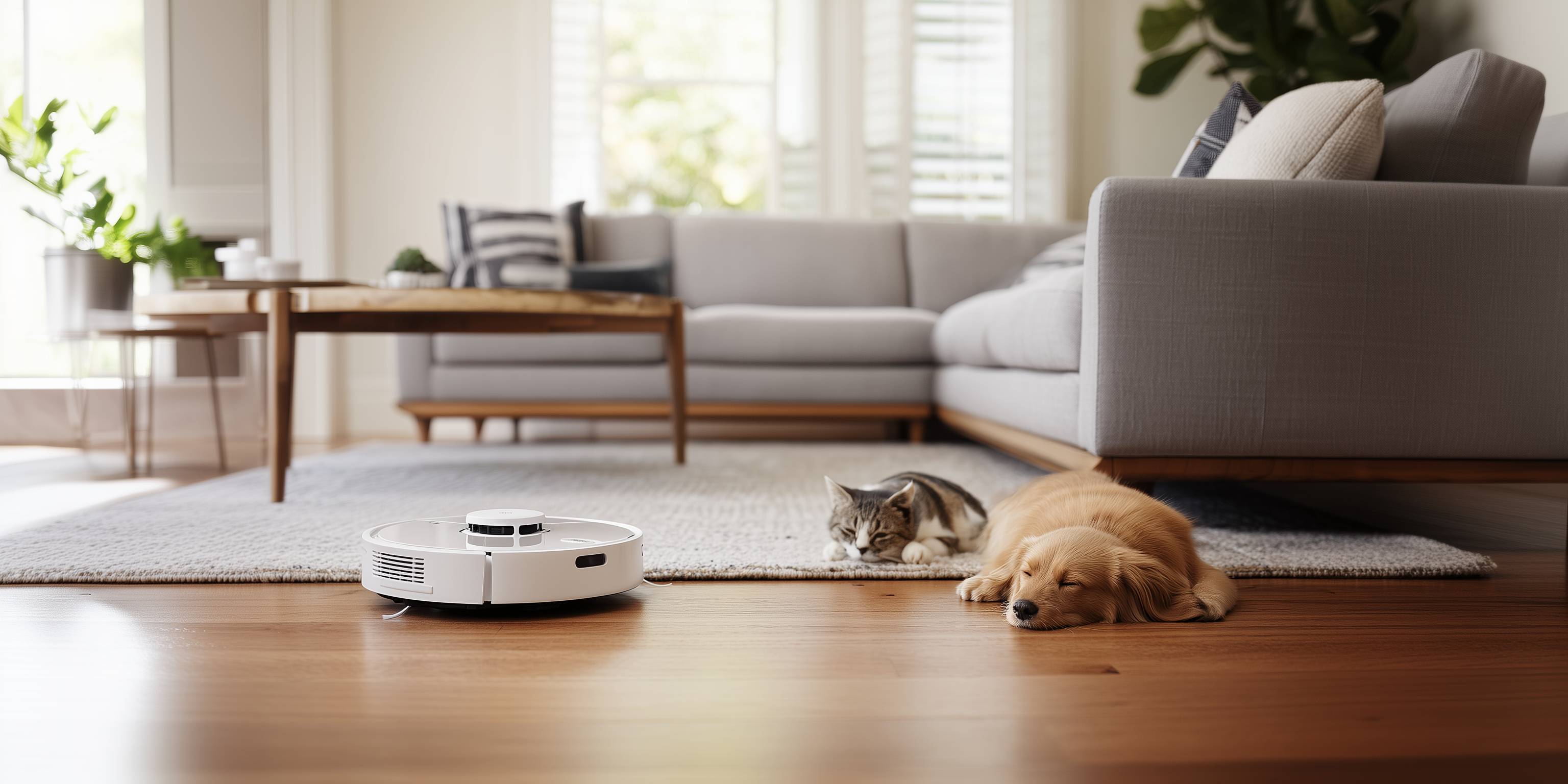 Ein Staubsaugerroboter fährt auf einem Holzboden, während eine Katze und ein Hund auf einem Teppich im Wohnzimmer liegen.