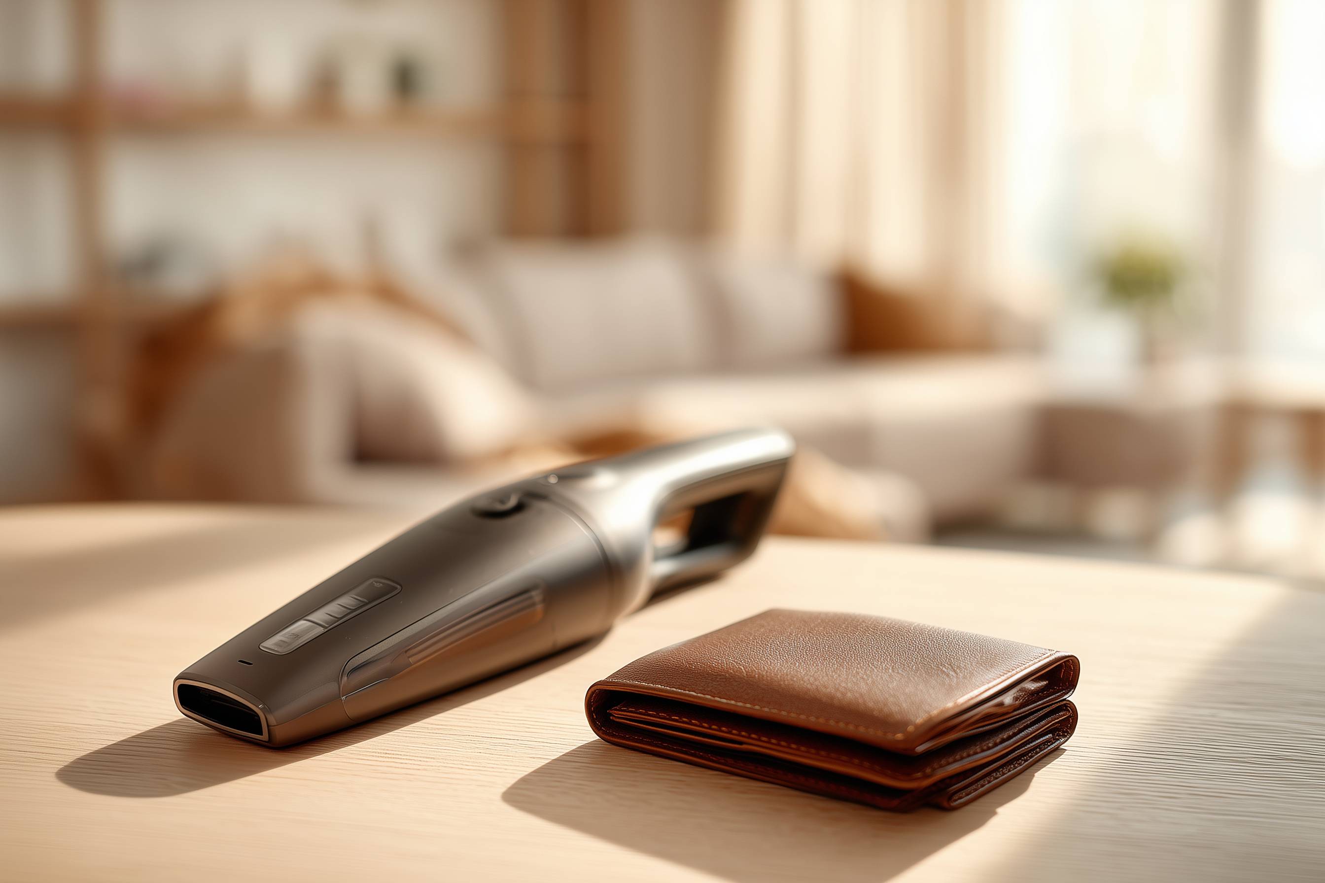 Handstaubsauger und braune Geldbörse auf einem Holztisch im Wohnzimmer.