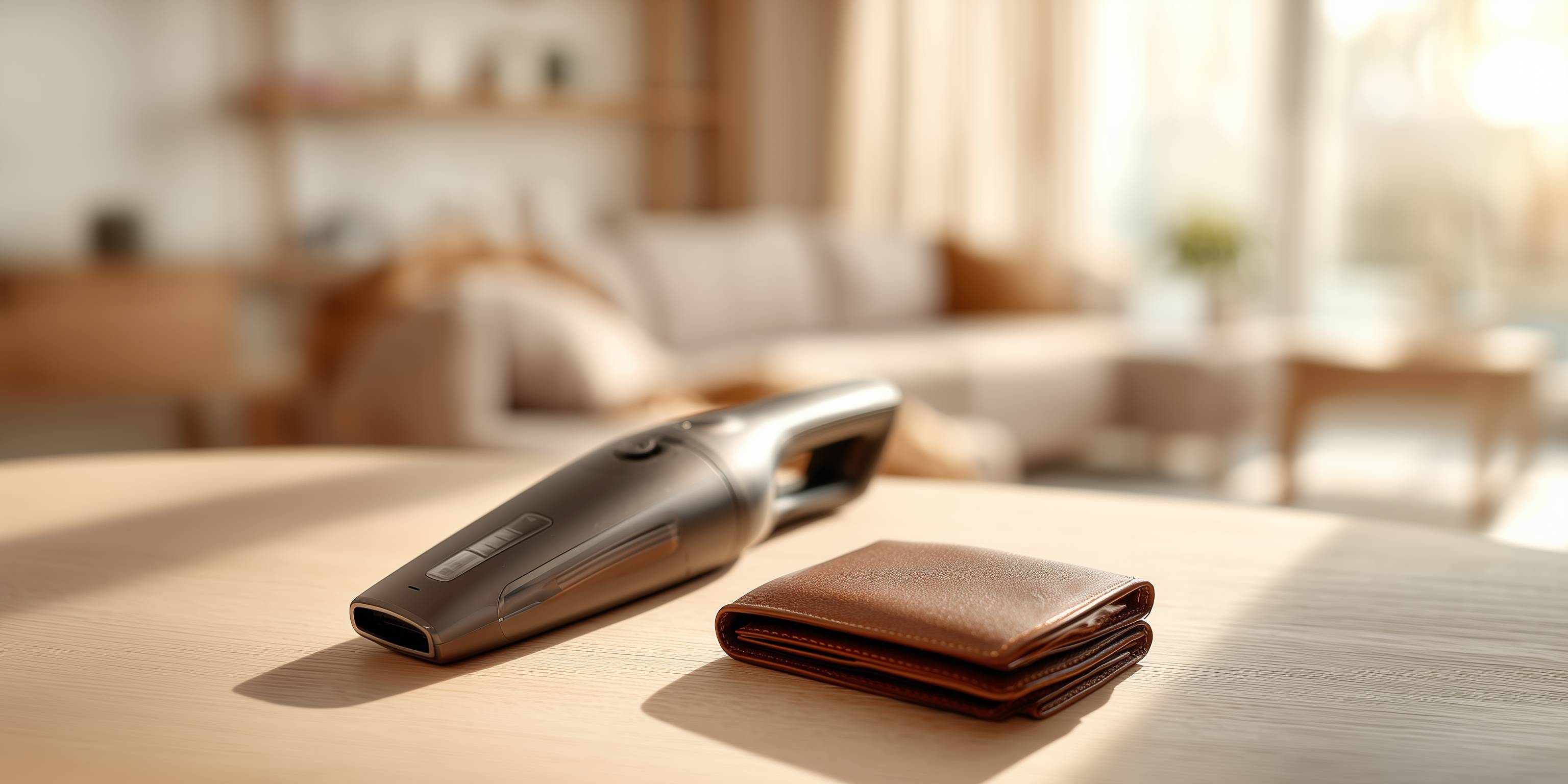 Handstaubsauger und braune Geldbörse liegen auf einem Tisch in einem Wohnzimmer.