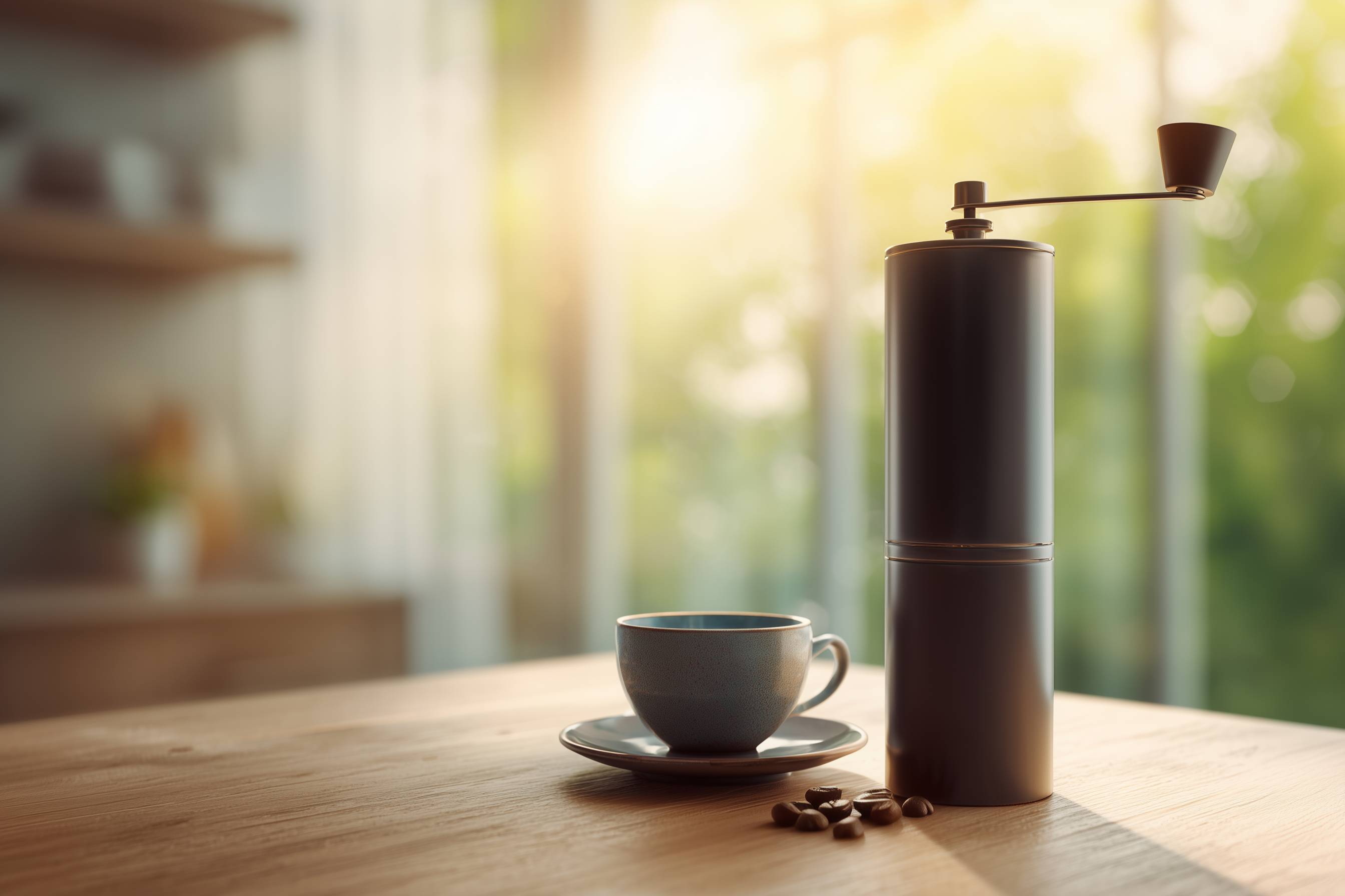 Kaffeemühle und Kaffeetasse auf einem Holztisch mit Sonnenlicht im Hintergrund.
