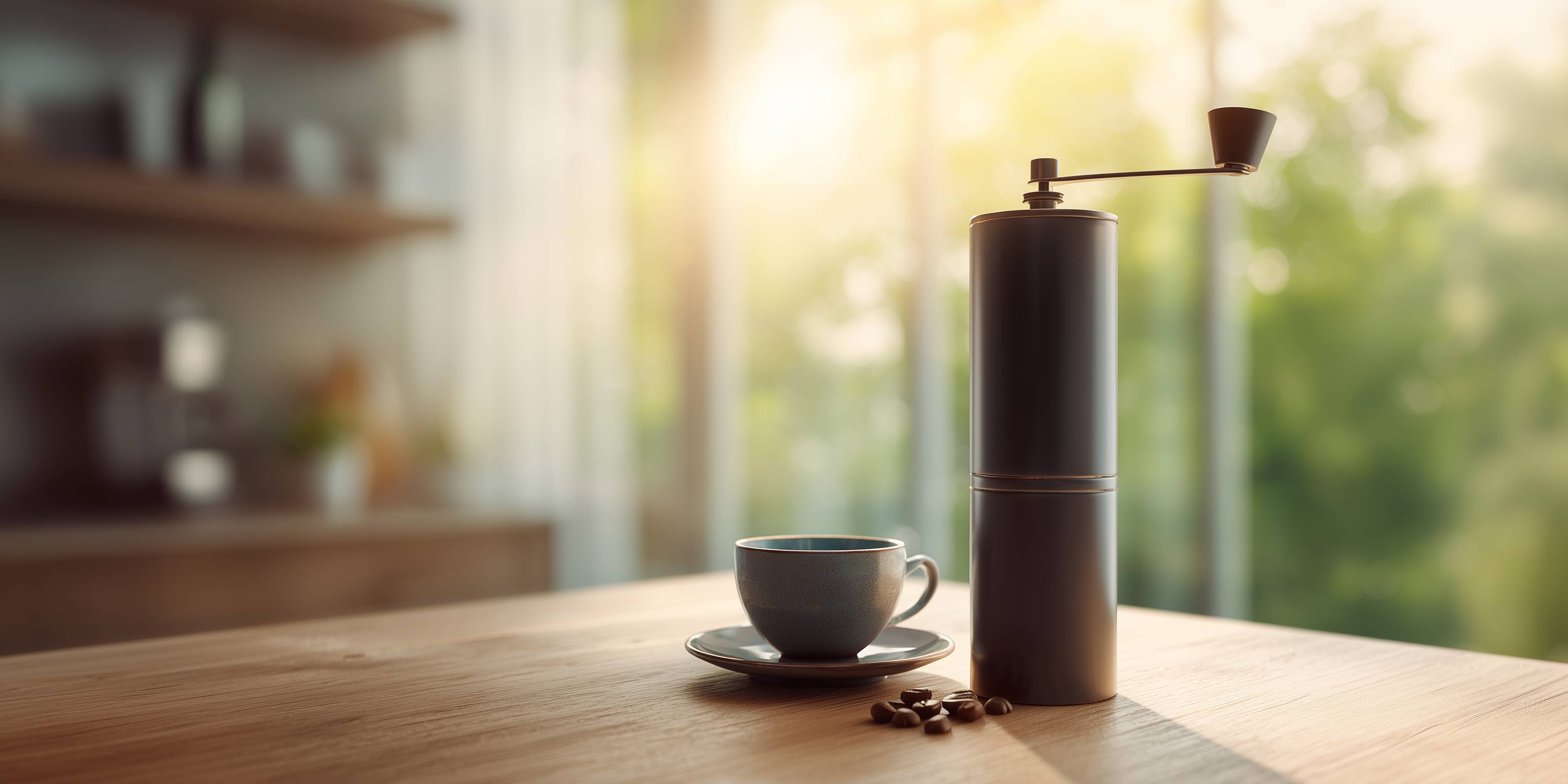Handkaffeemühle und Kaffeetasse auf Holztisch im Sonnenlicht.