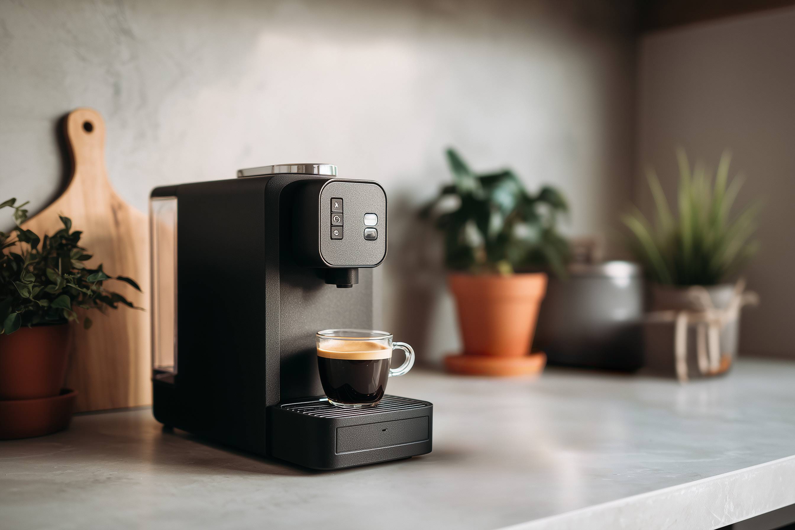 Kaffeemaschine mit einer Espressotasse auf einer Küchenarbeitsplatte, umgeben von Pflanzen.