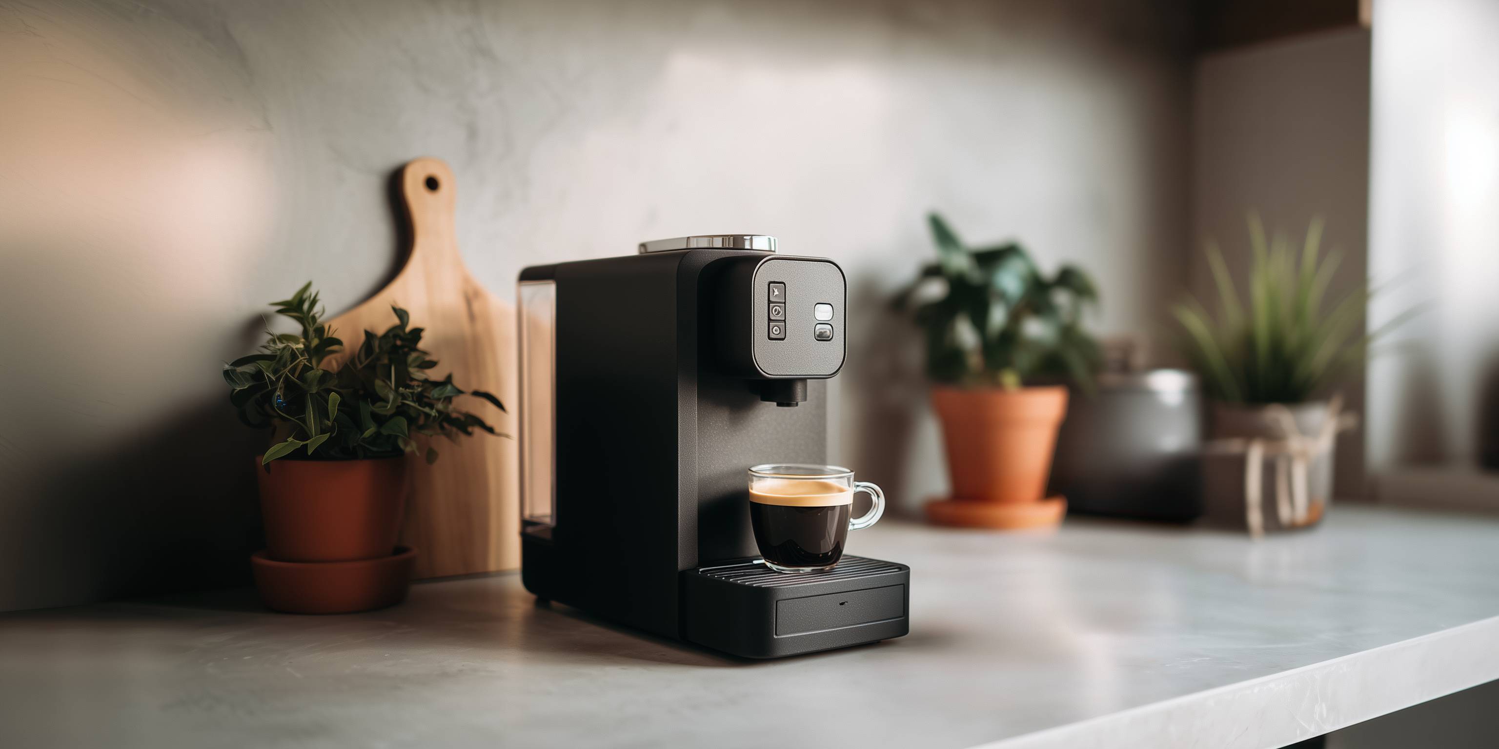 Eine moderne Kaffeemaschine steht auf einer Küchenarbeitsplatte mit einer Tasse Espresso davor, daneben stehen einige Pflanzen in Töpfen.