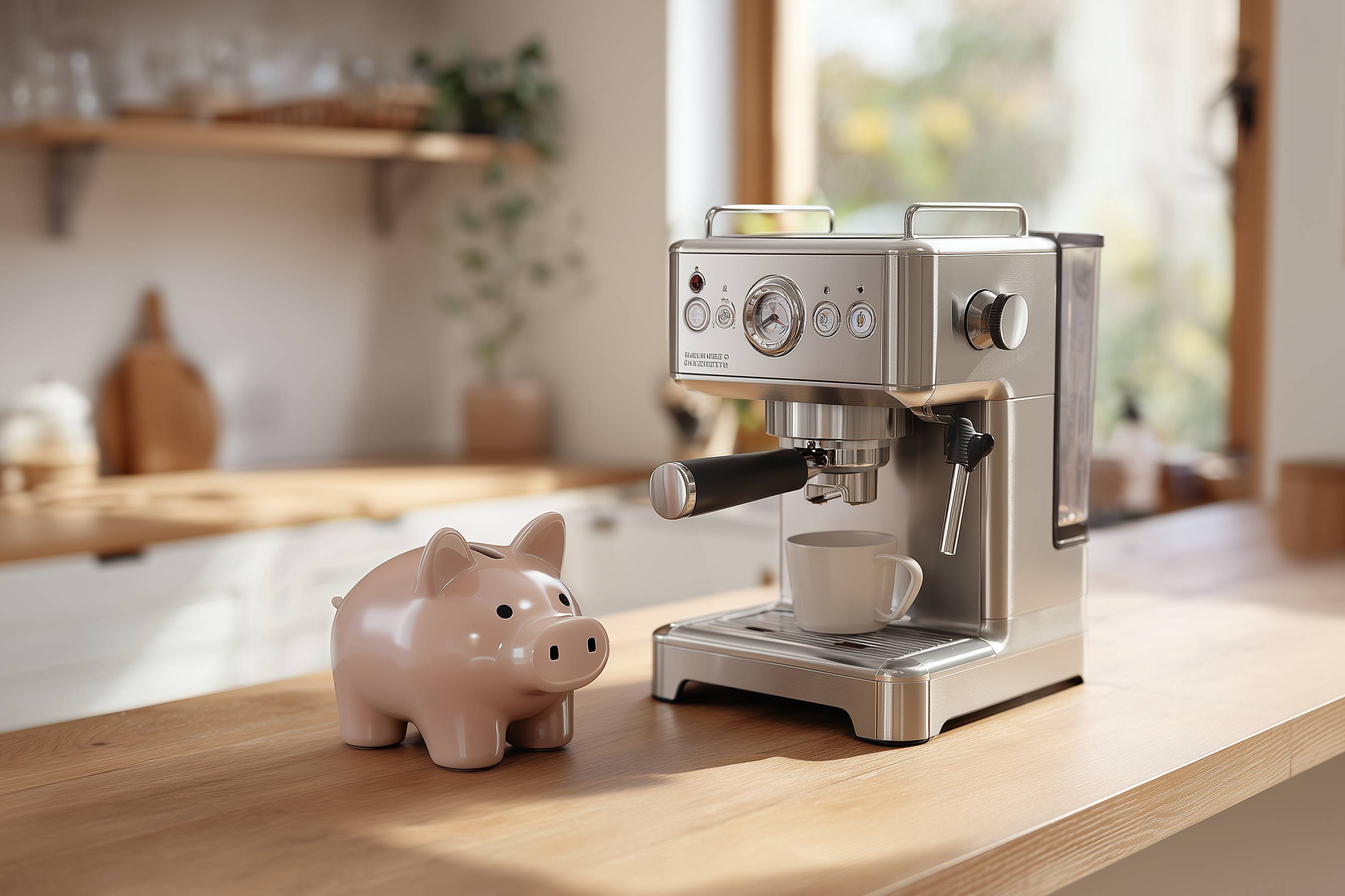 Espressomaschine und Sparschwein auf einer Küchentheke.