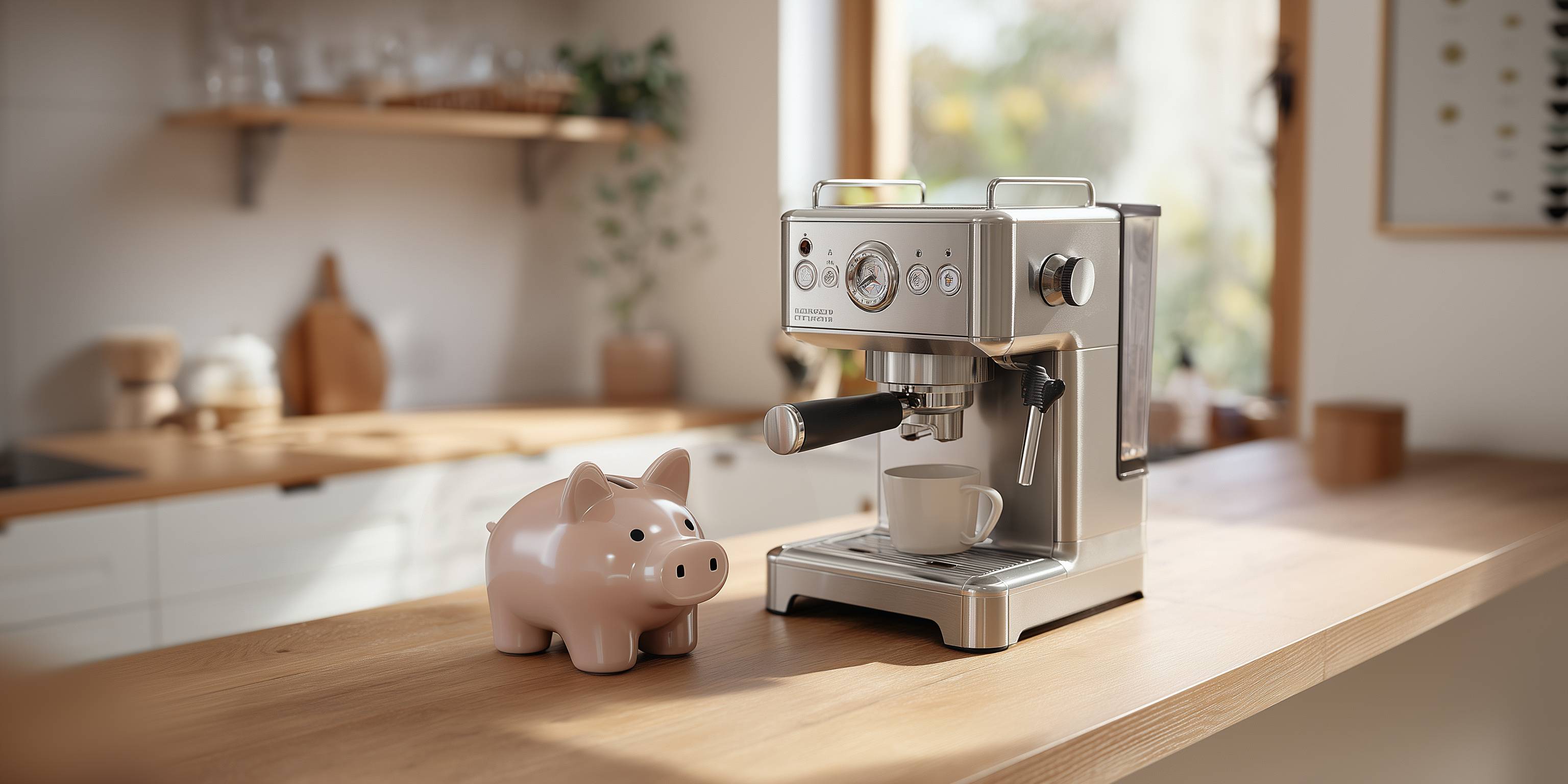 Eine Espressomaschine und ein Sparschwein stehen auf einer Küchenarbeitsplatte.