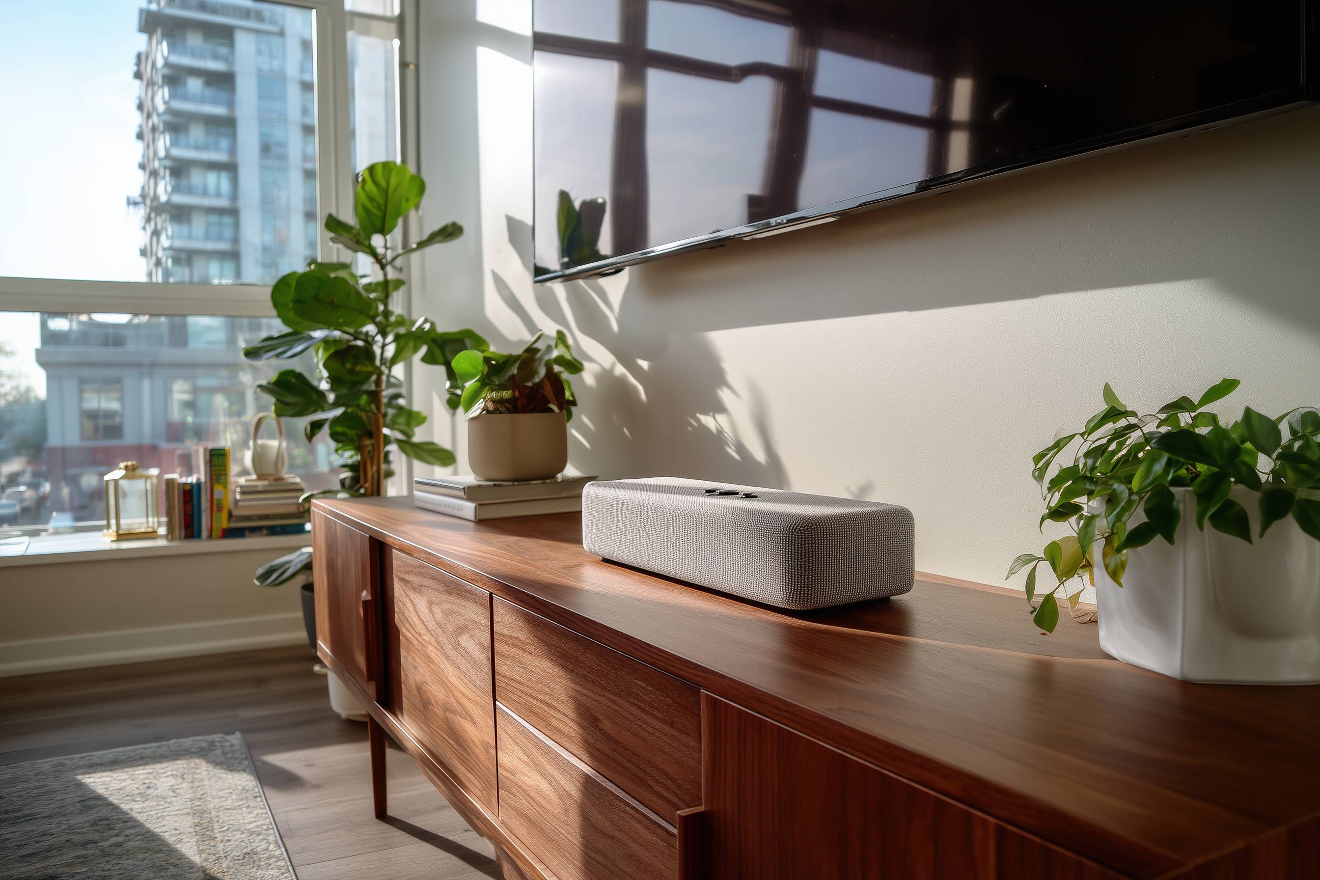 Modernes Wohnzimmer mit Holzmöbel, Pflanzen, einer Soundbar und Fernseher an der Wand.