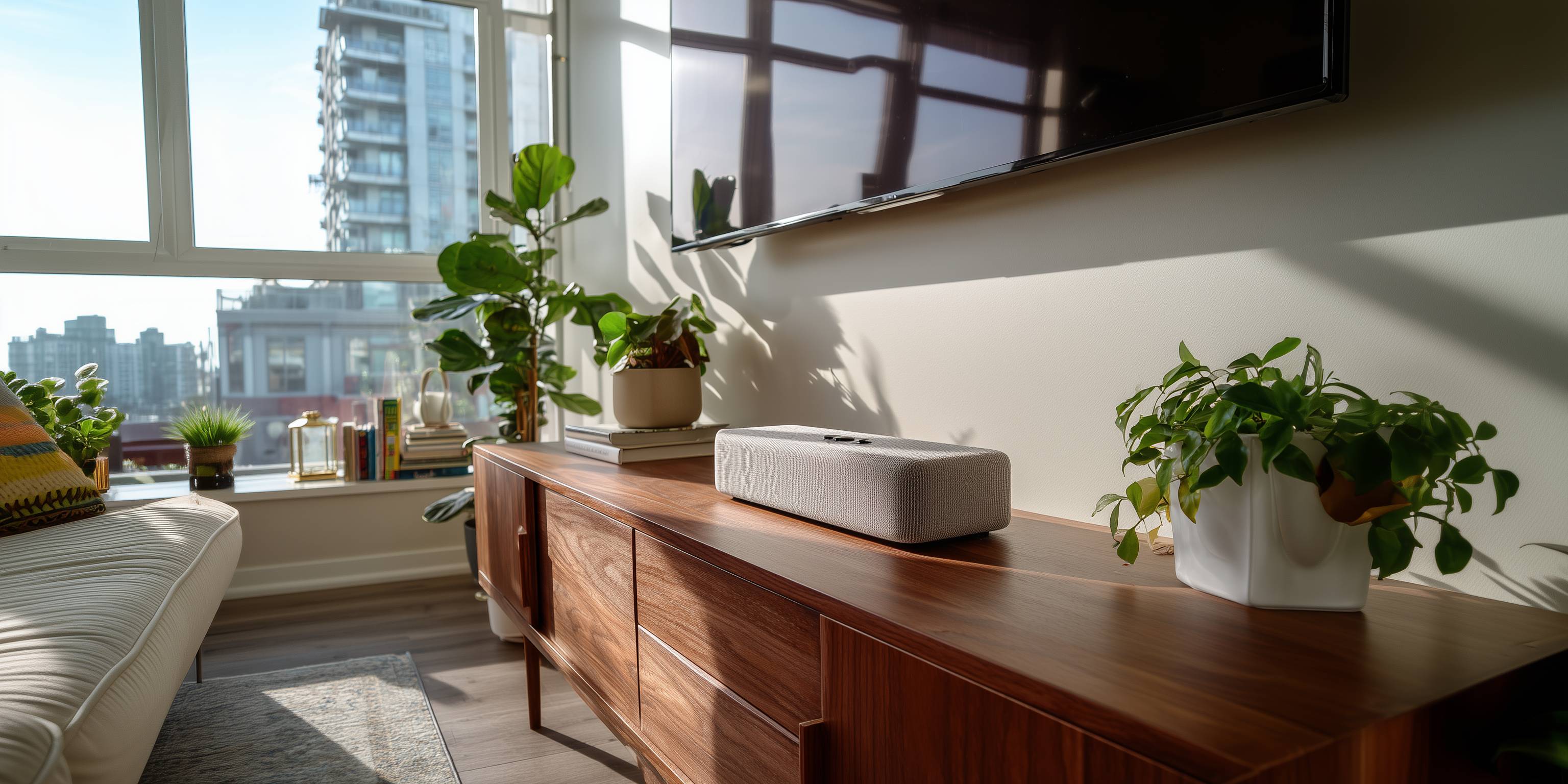 Modernes Wohnzimmer mit Holzmöbeln, Zimmerpflanzen, einer Soundbar und großem Fernseher an der Wand.