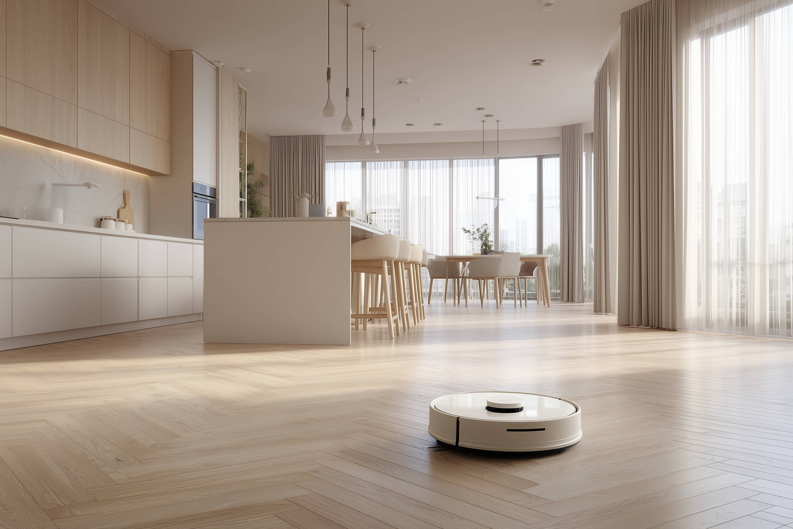 Ein Saugroboter fährt über den Parkettboden in einer modernen, hellen Küche mit Essbereich.