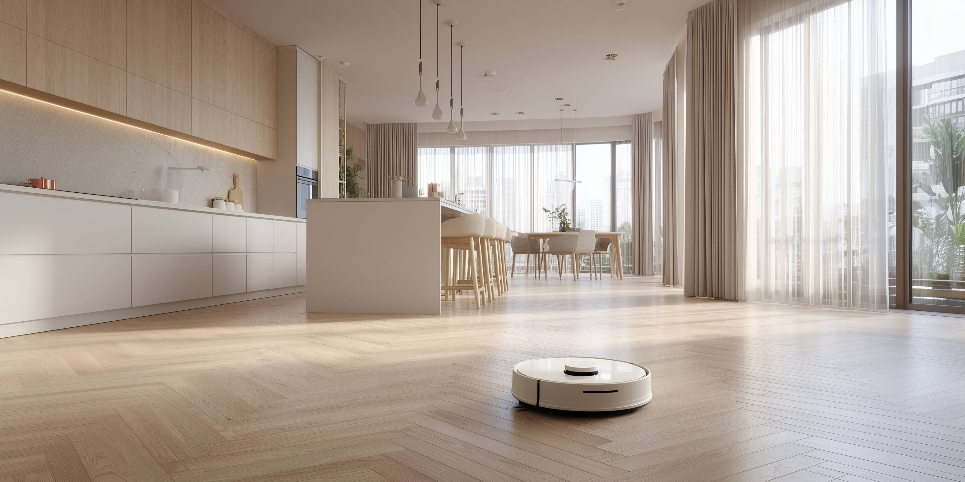 Ein Saugroboter fährt über den Parkettboden einer modernen, hellen Küche mit Essbereich.