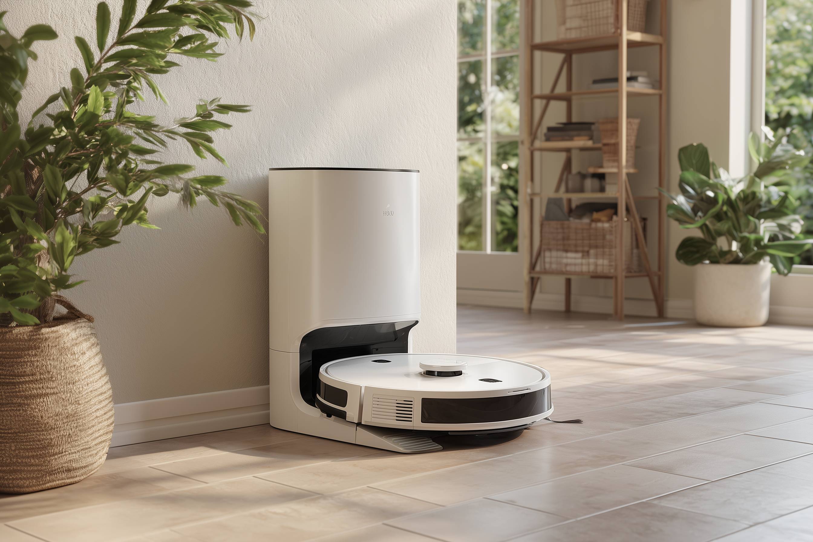 Ein Saugroboter steht in seiner Absaugstation in einem hellen Raum mit Pflanzen.